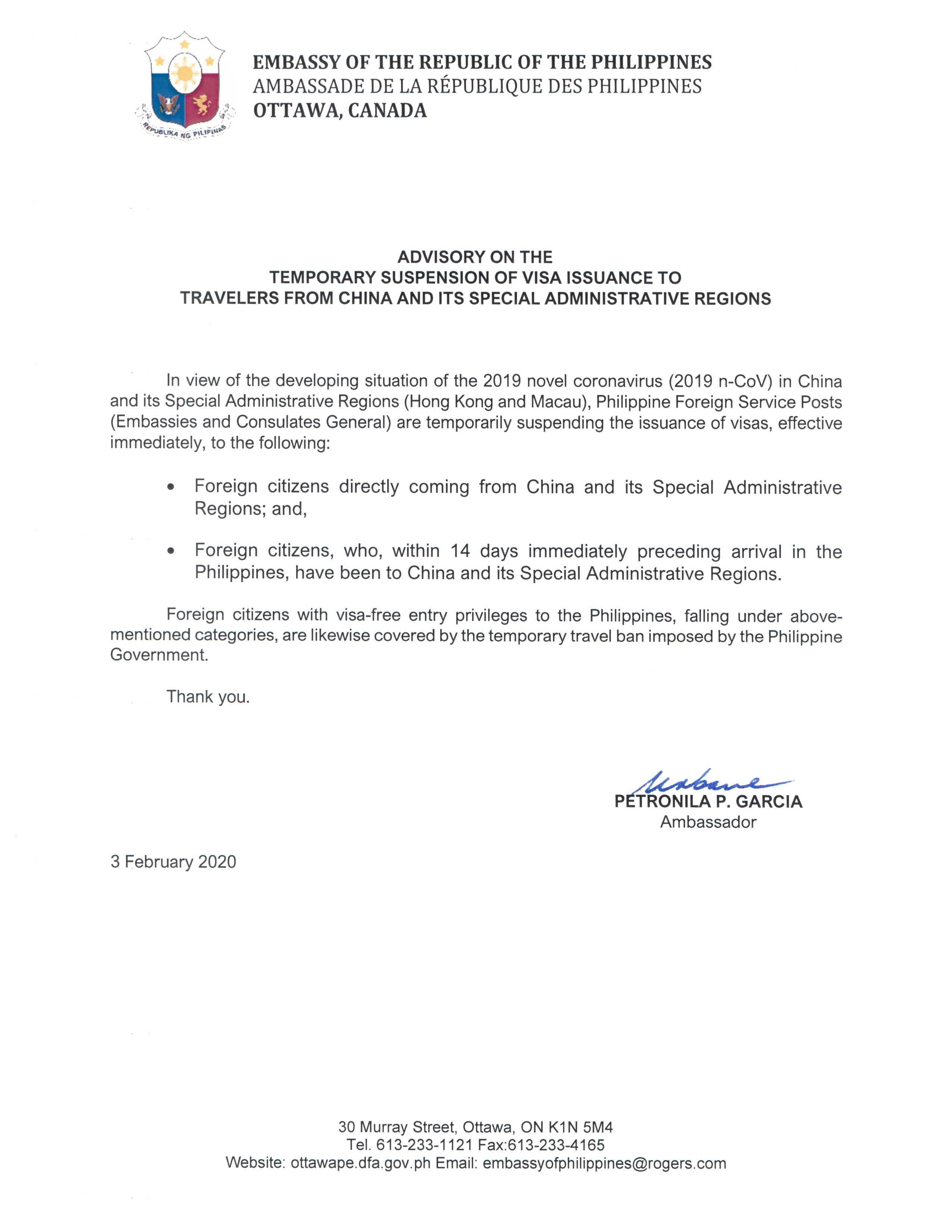 PR 15 2020 Advisory on the Temporary Suspension of Visa Issuance to Travelers fr