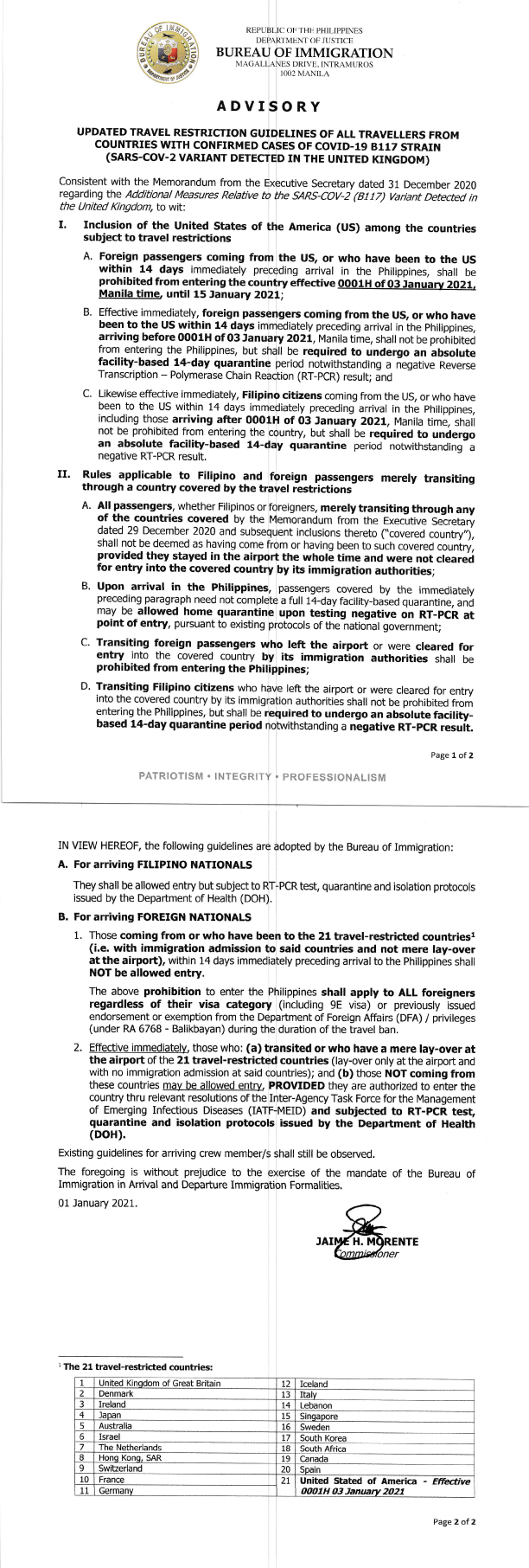 PR 150 BI Advisory Updated travel restrictions 1Jan2021