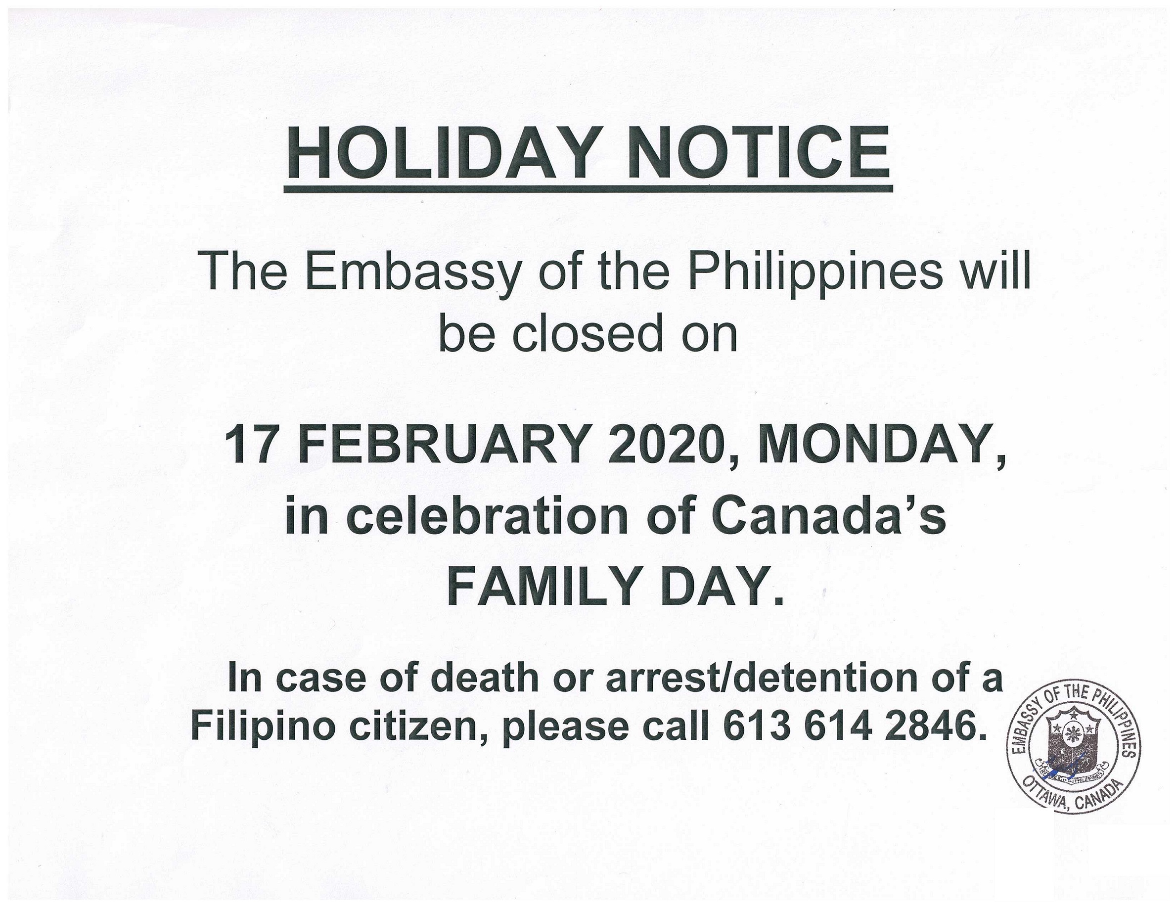 PR 16 2020 Holiday Notice 17 February 2020 Monday Family Day 001