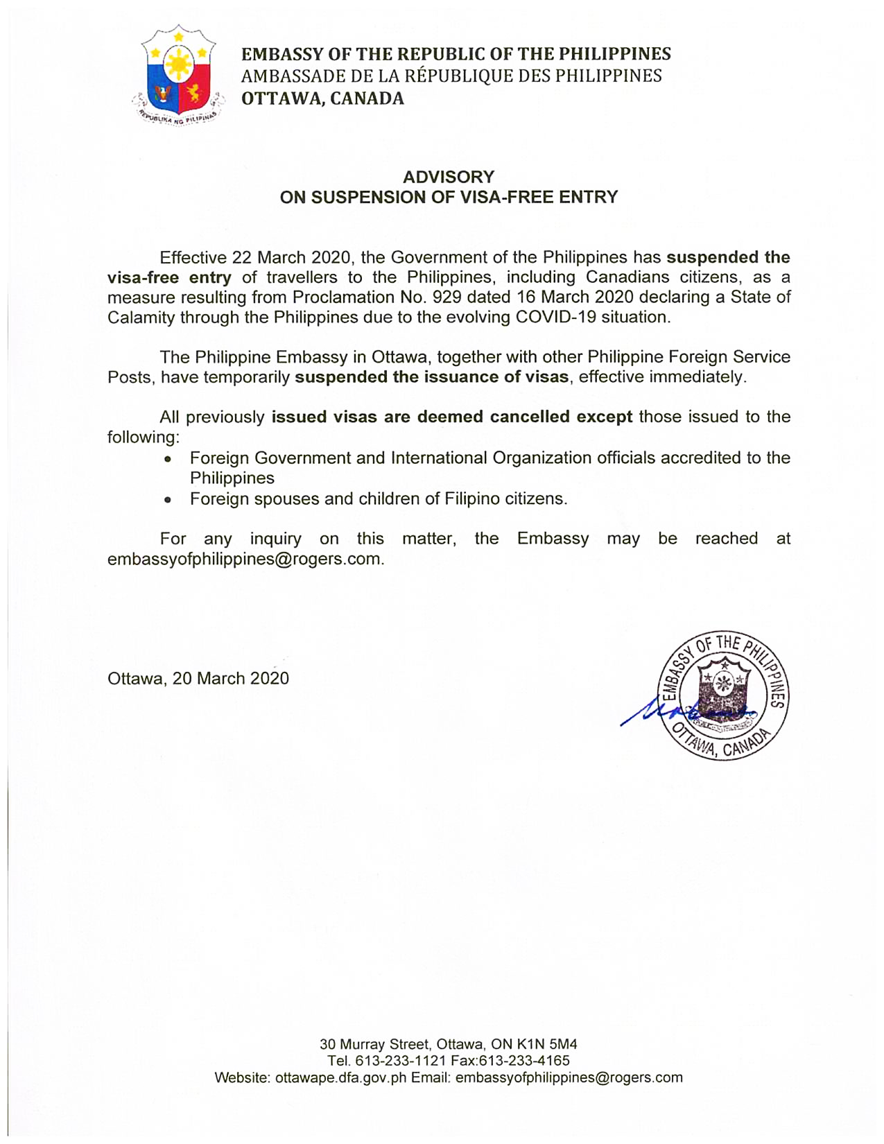 PR 44 Advisory on Suspension of Visa Free Entry 001