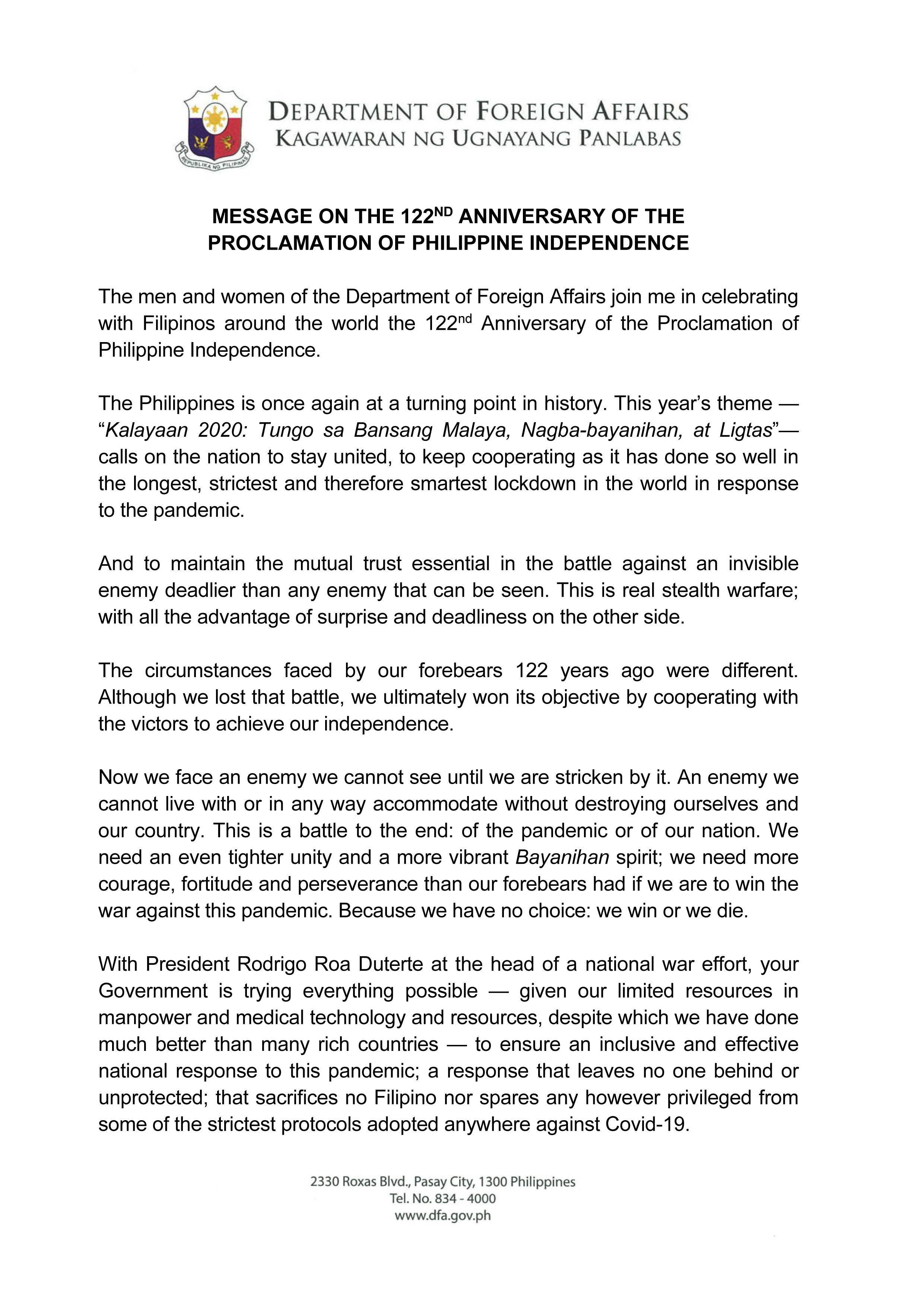 PR 59 1 Reformatted Copy of the Secretary Message for the 122nd Anniversary of the Proclamation of Philippine Independence 1