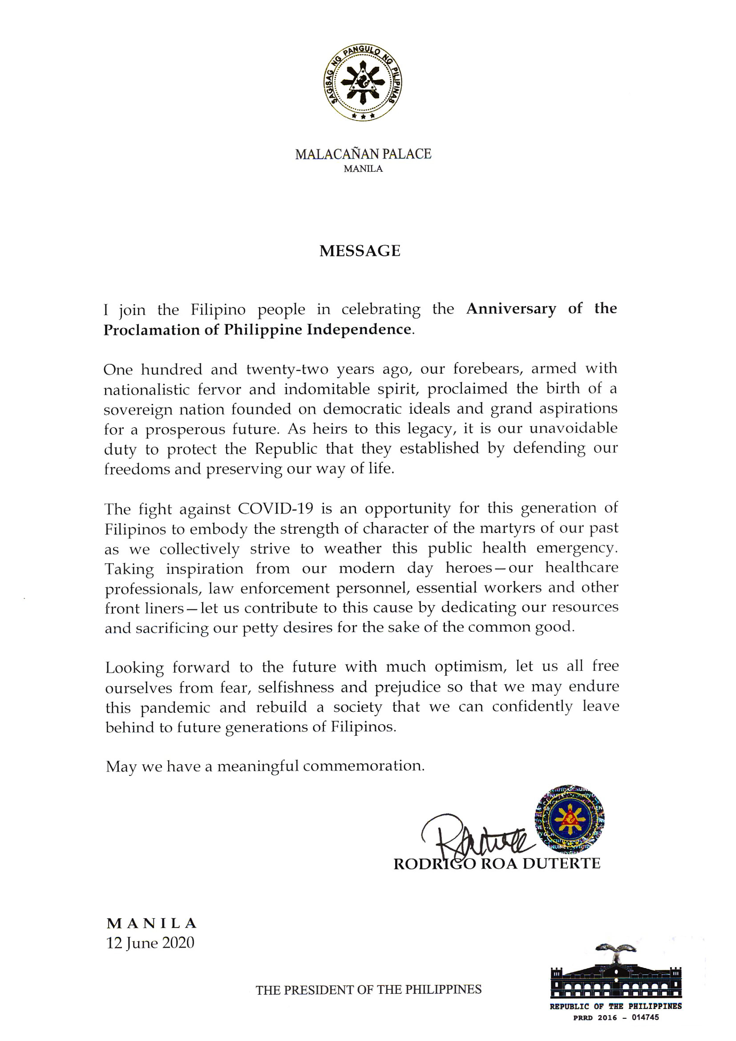 PR 60 PRRD Independence Day message 1591771207217272