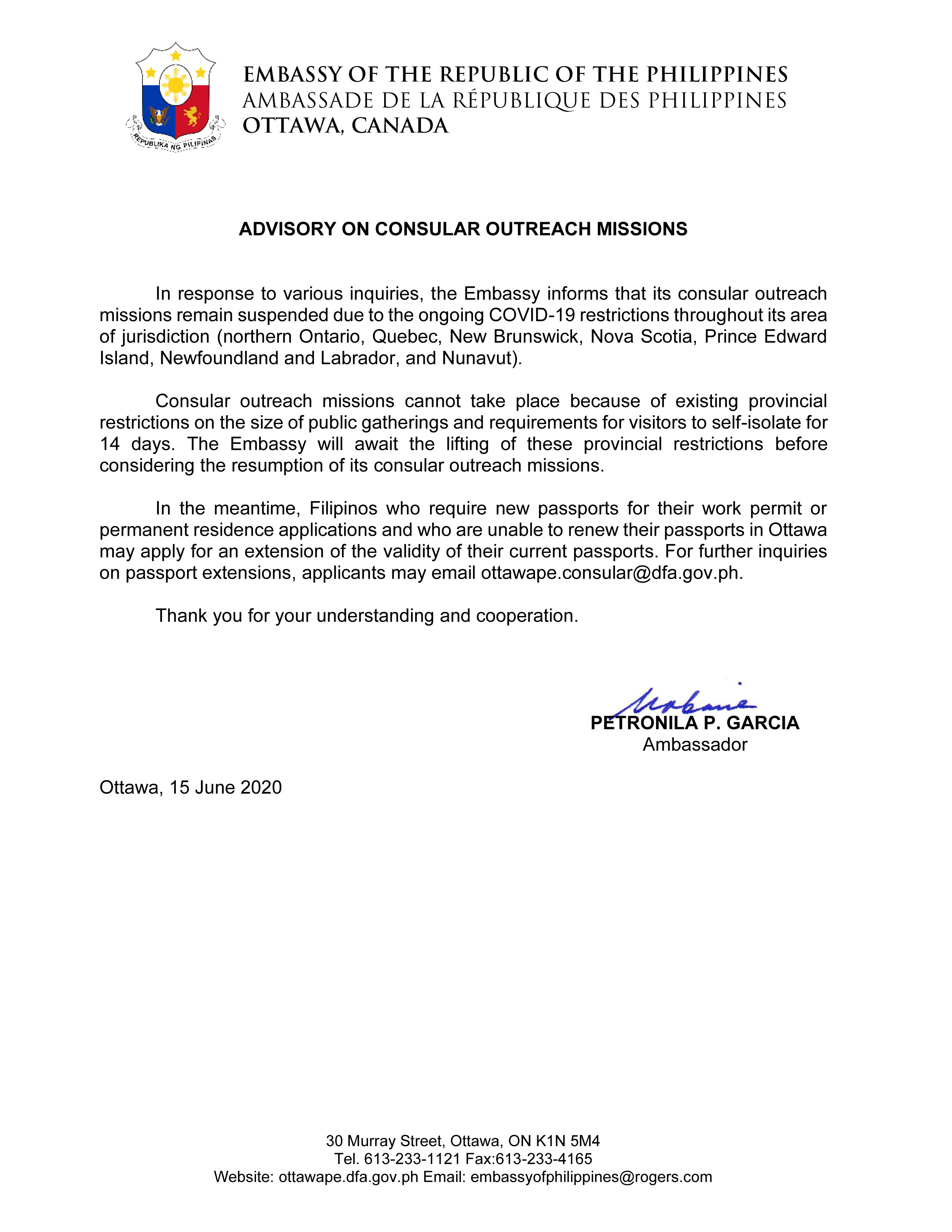 PR 63 Advisory on Consular Outreach Missions