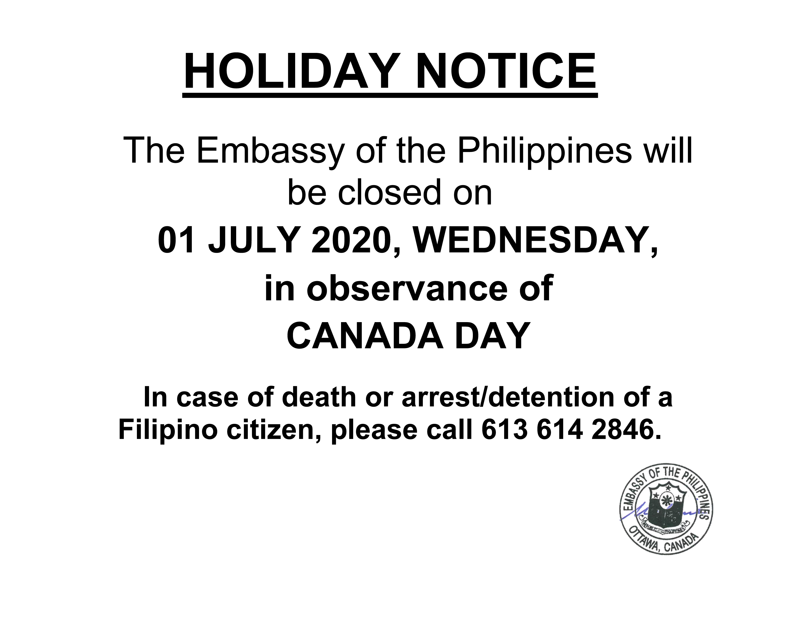 PR 65 Holiday Notice 01 July 2020 Wednesdau in observance of CANADA DAY