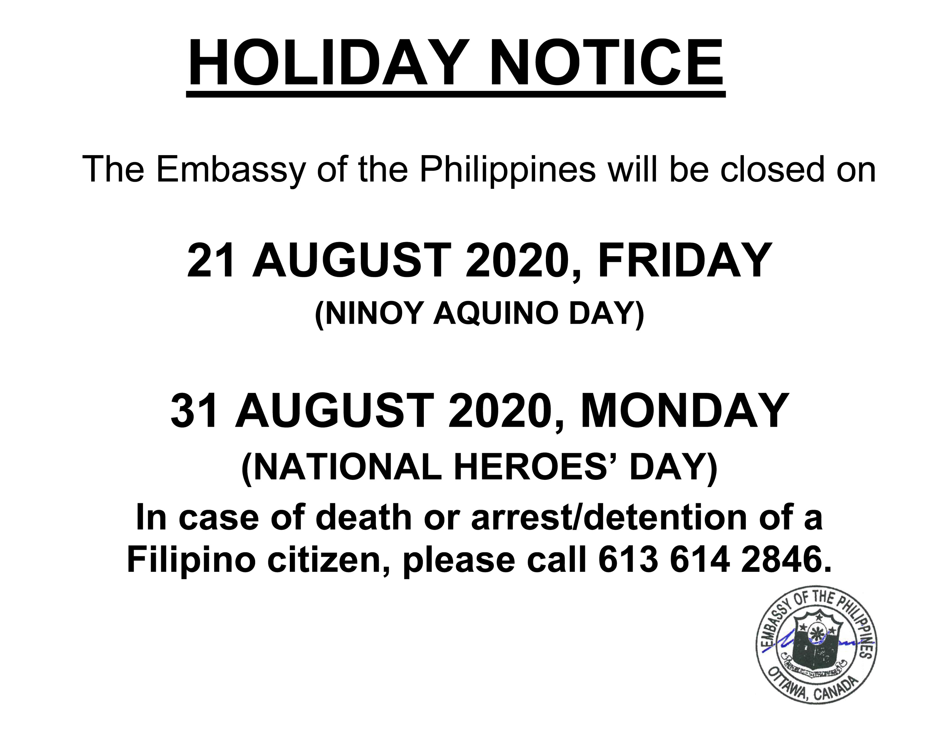PR 86 HOLIDAY NOTICE 21 and 31 Aug 2020
