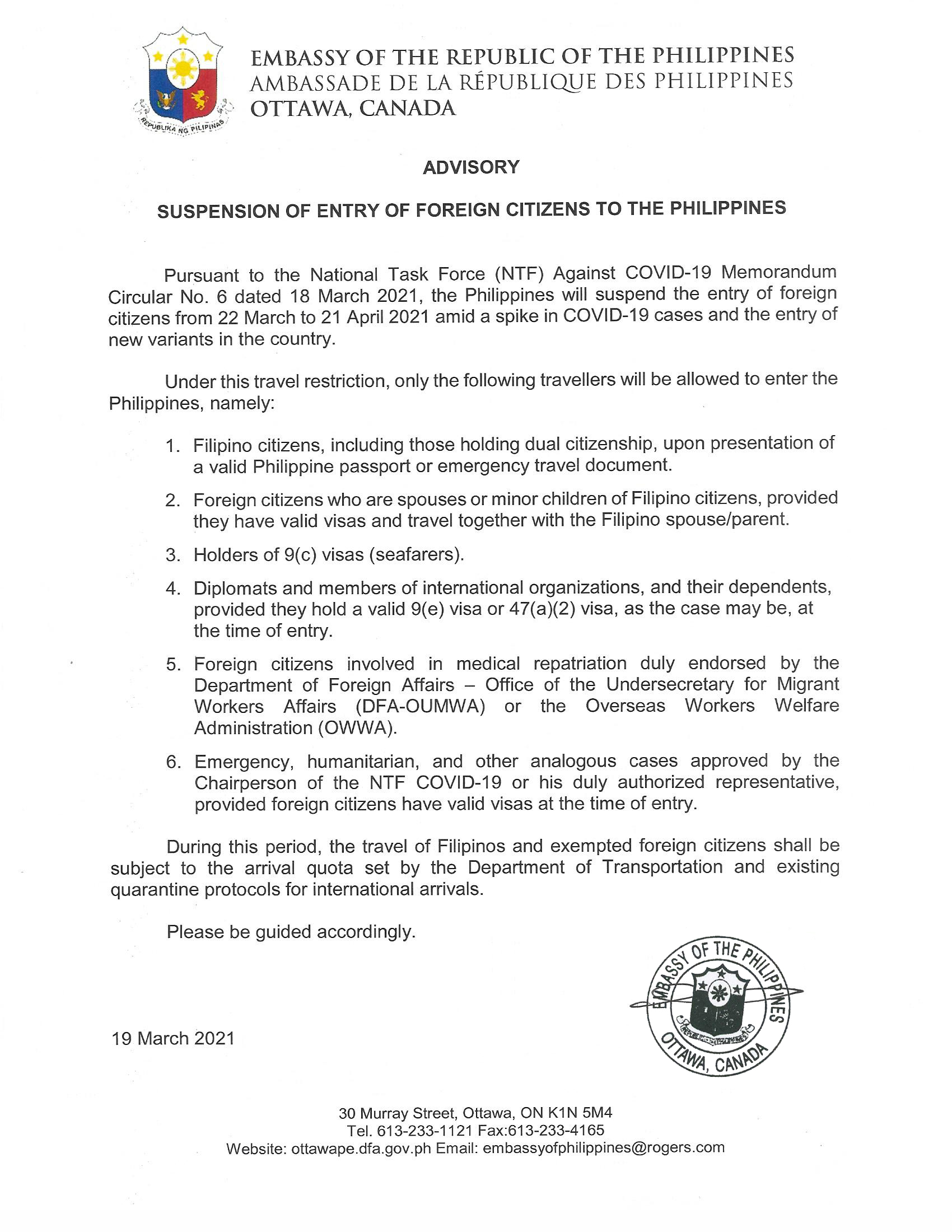 Advisory Suspension of Entry of Foreign Citizens 19 March