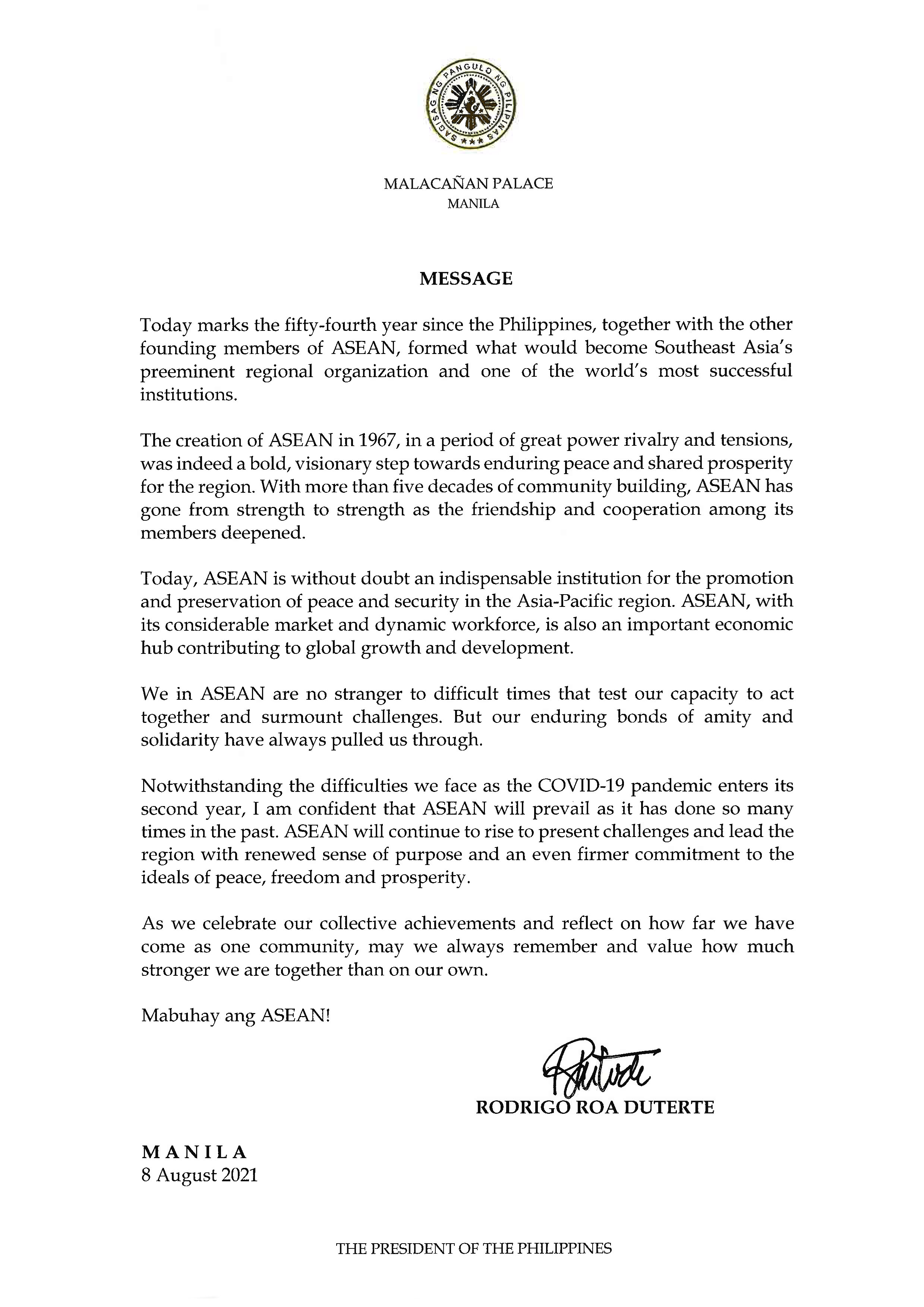 PR 119 2021 PRRD Message on the occasion of ASEAN 54TH FOUNDING ANNIVERSARY
