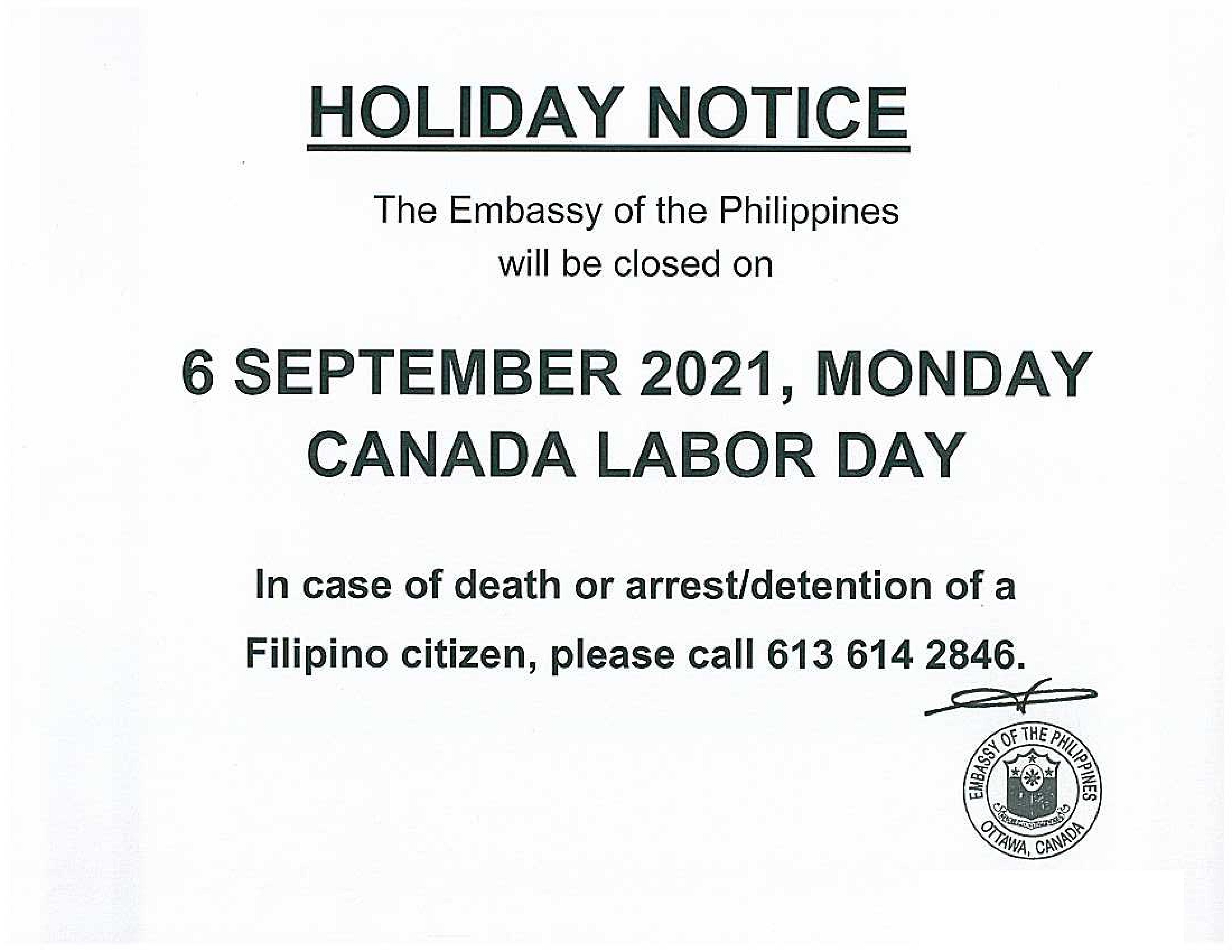 PR 126 2021 Holiday Notice 6 September 2021 Canada Labor Day 001