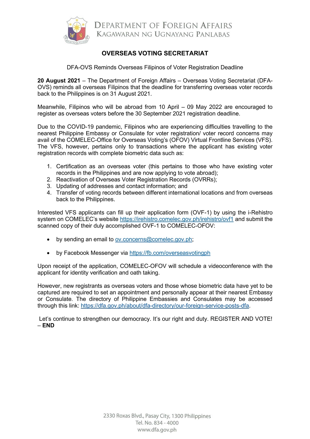 PR 128 2021 ADVISORY Deadline of Overseas Voter Registration Corrected Date 001