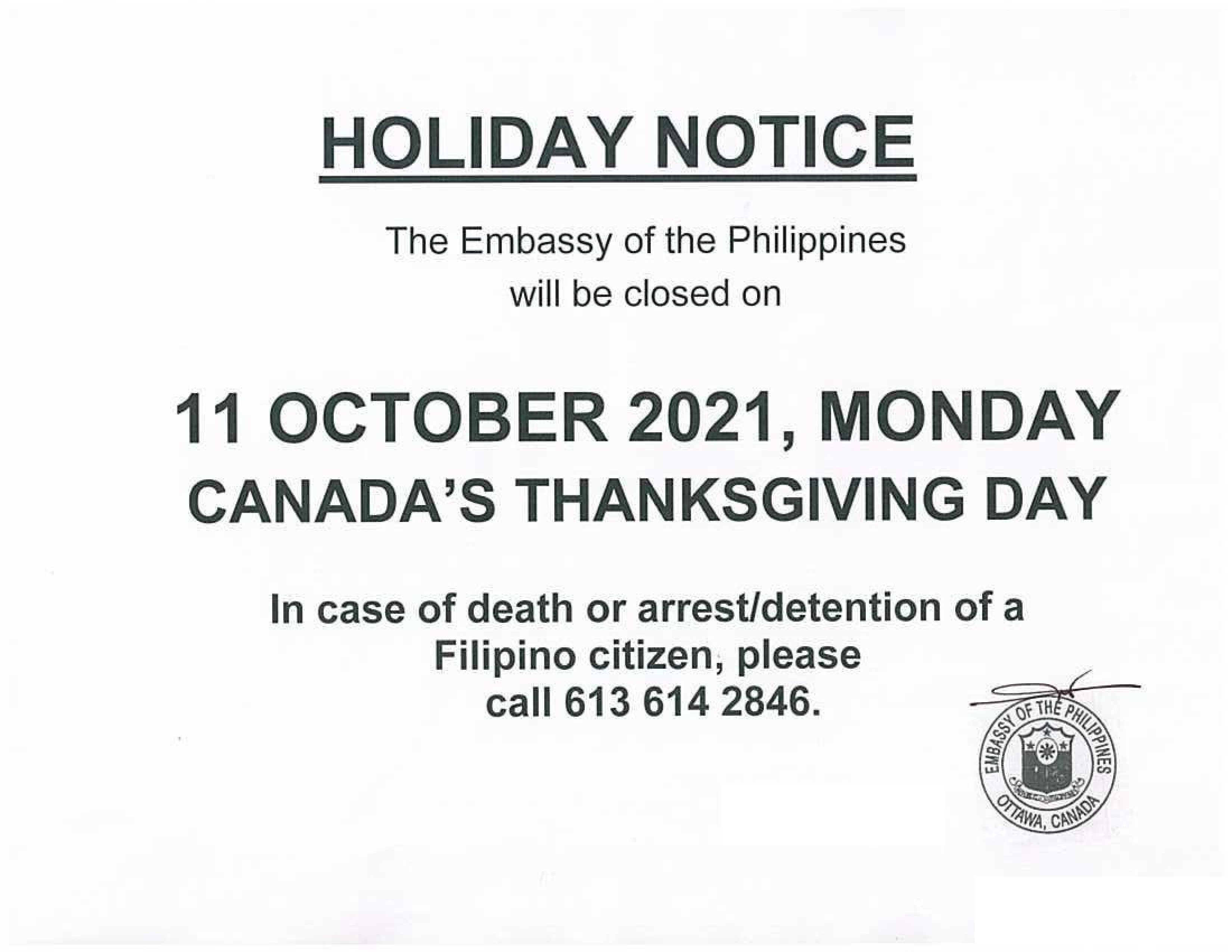 PR 157 2021 Holiday 11 Oct 2021 Thanksgving Day