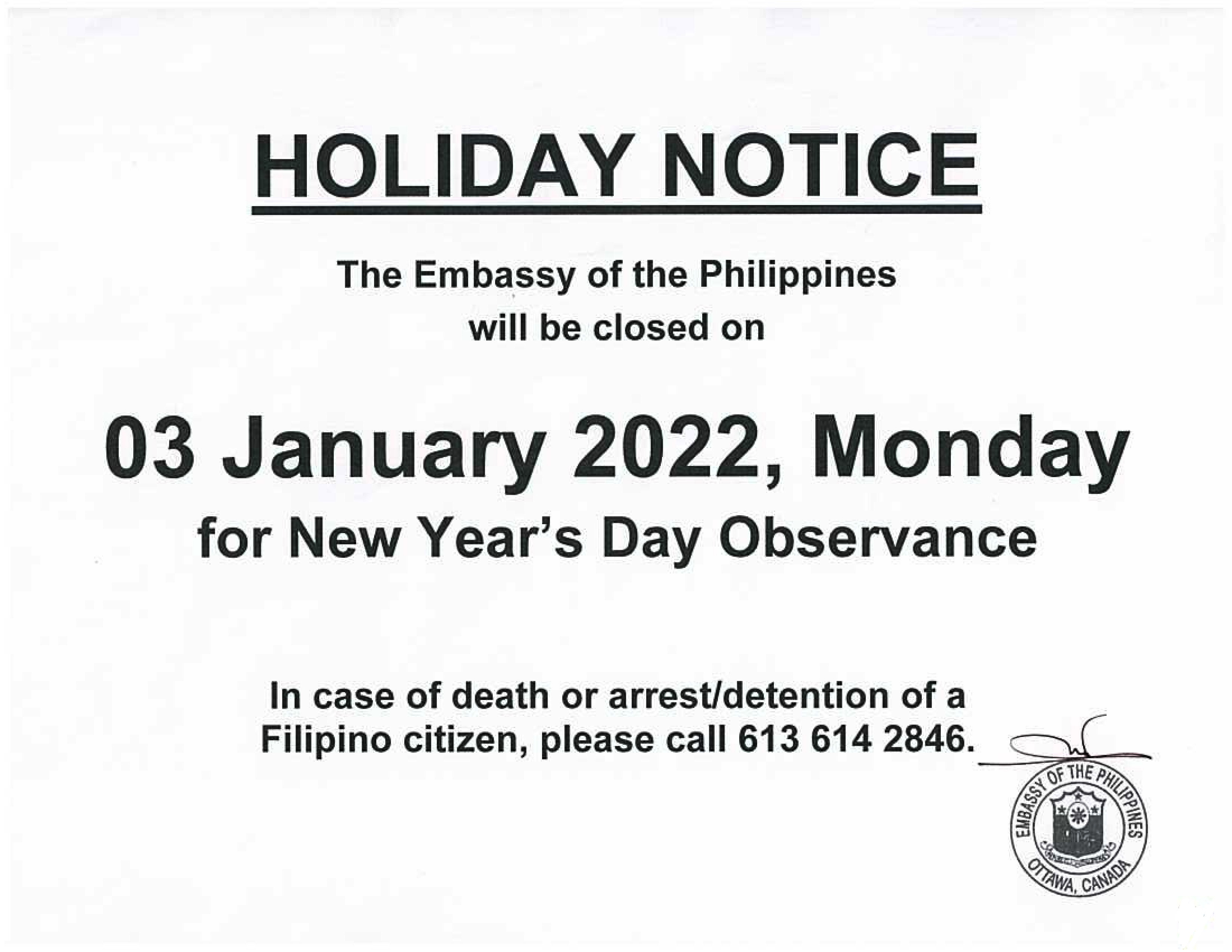 PR 208 2021 Holiday Notice 3 Jan 2022 New Year Day Observance