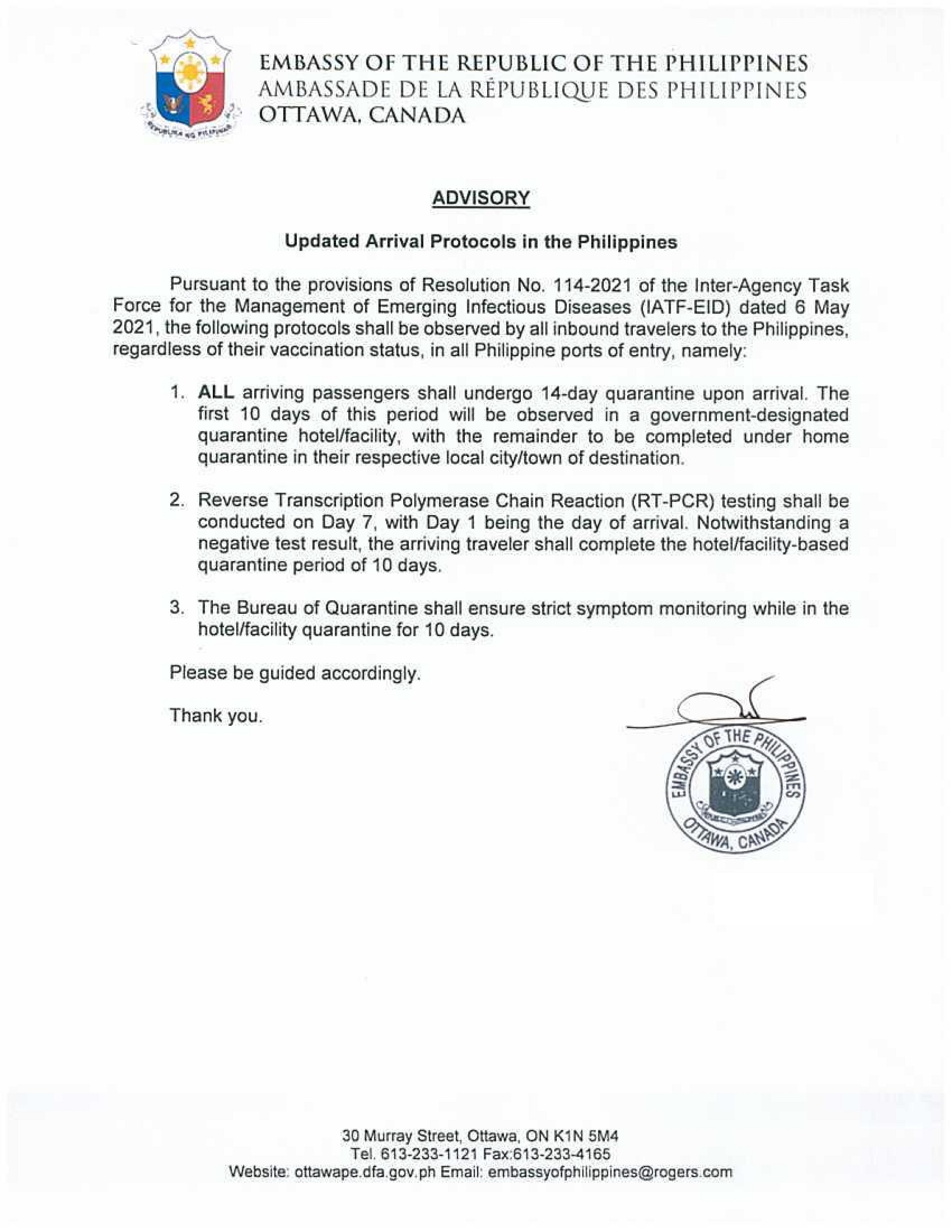 PR 55 2021 ADVISORY Updated Arrival Protocols in the Philippines 001