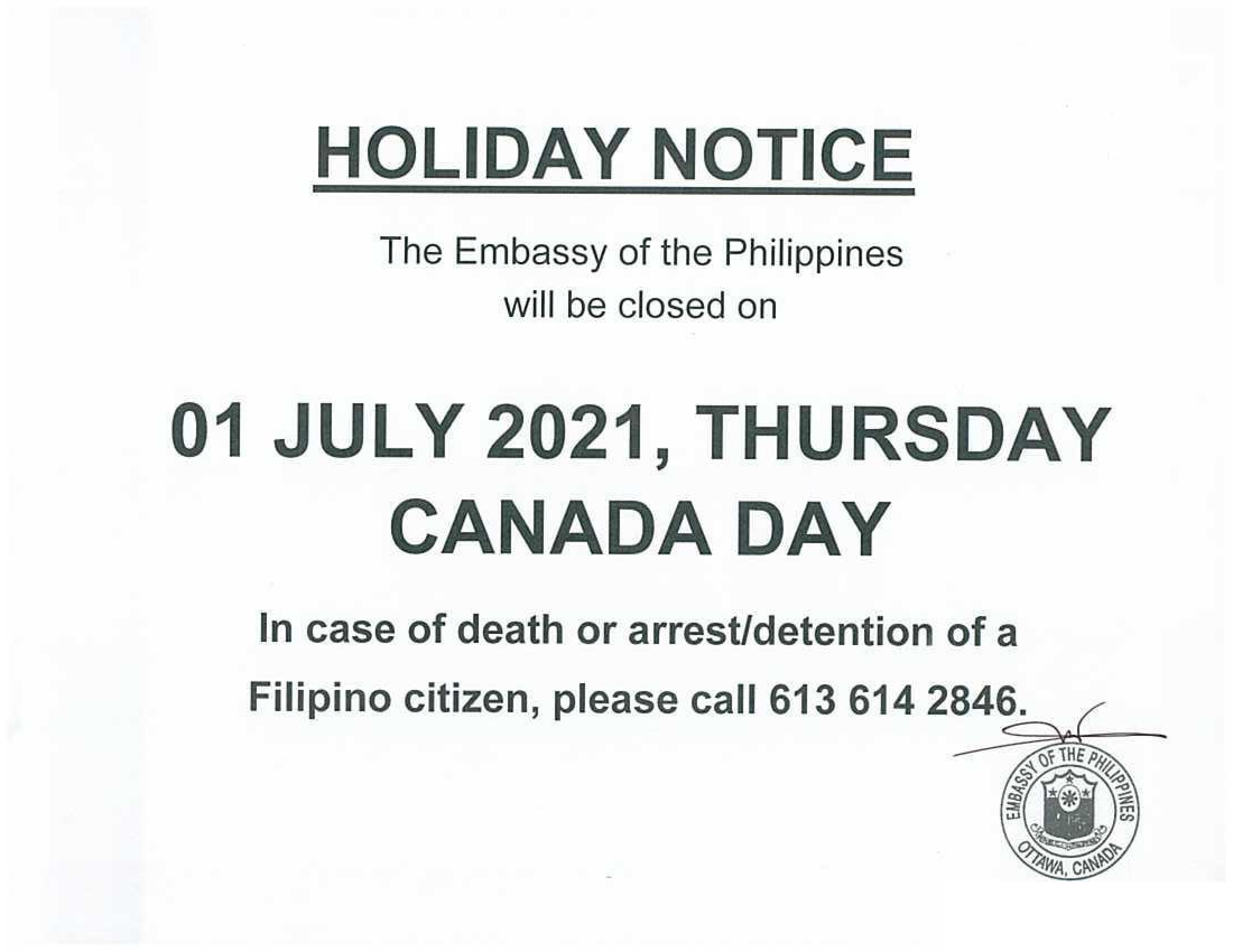 PR 81 2021 Holiday Notice 01 July 2021 Canada Day