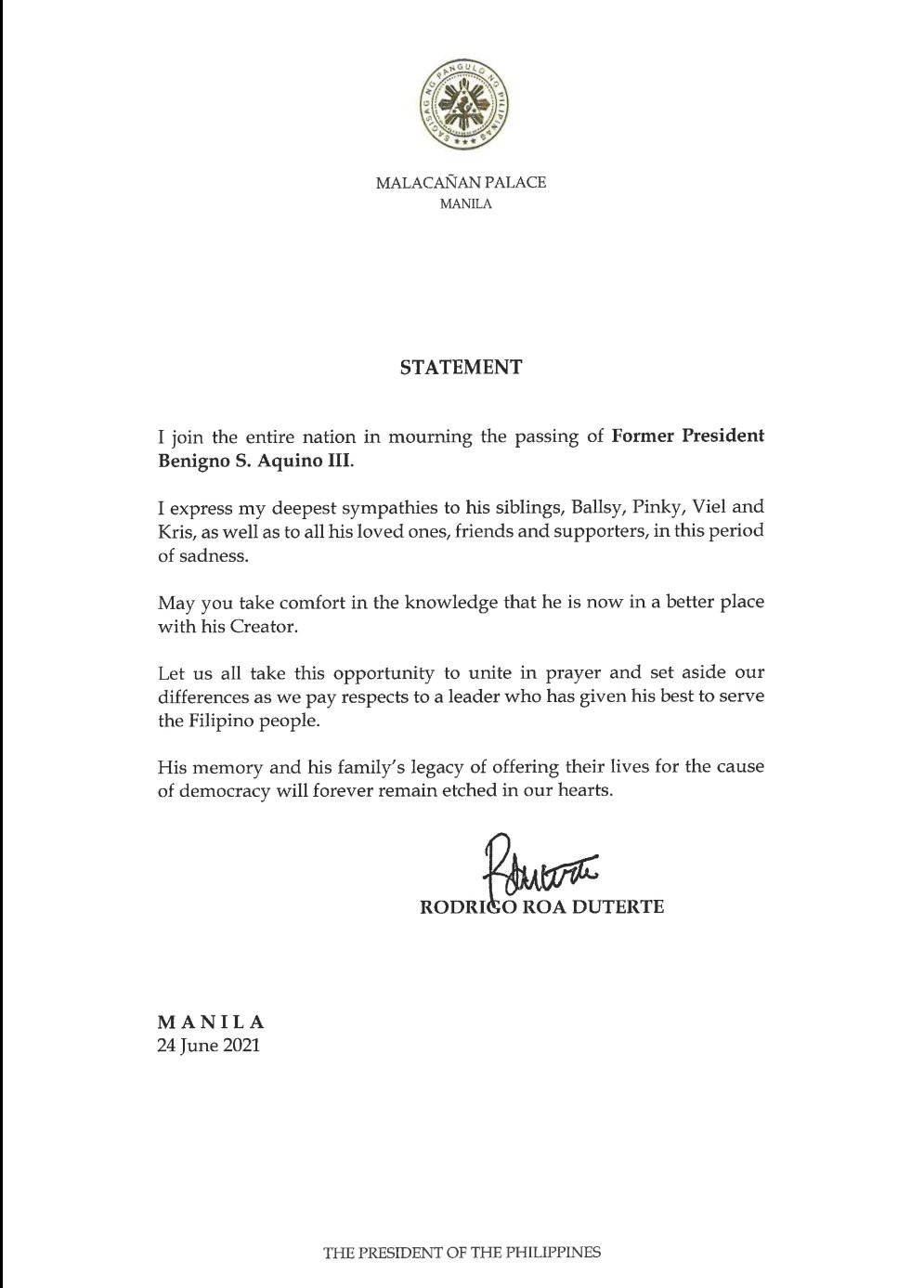 PR 86 2021 Statement of PRRD on the passing of former President PBSAIII
