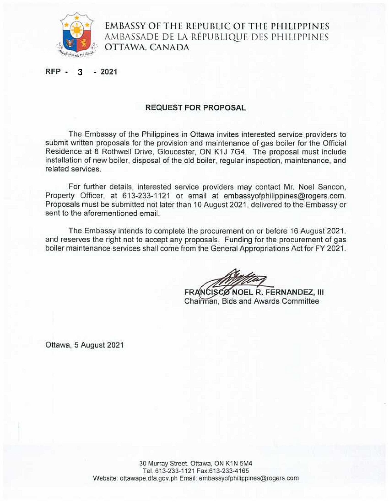 RFP 3 2021 Proposals for the provision and maintenance of gas boiler for the Official Residence 001