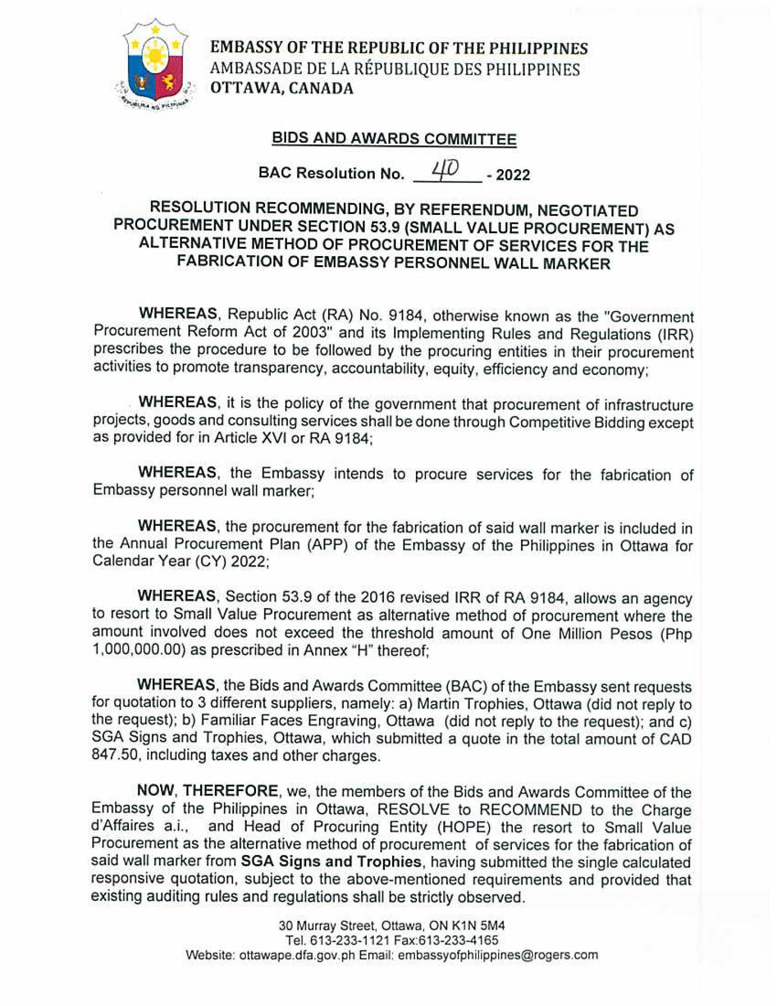 BAC RES 40 2022 Fabrication of Embassy Personnel Wall Marker 001