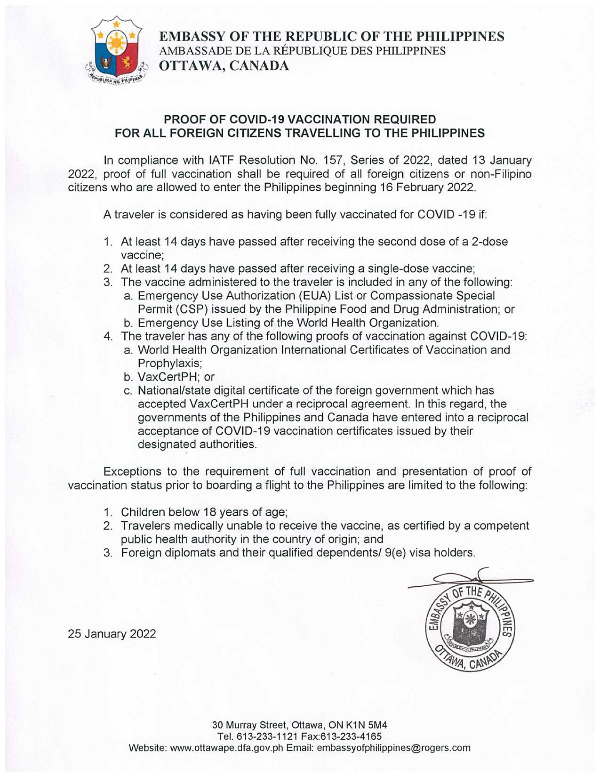 PR 10 2022 Proof of Covid 19 Vaccination Required for All Foreign Citizens Travelling to the Philippines 001