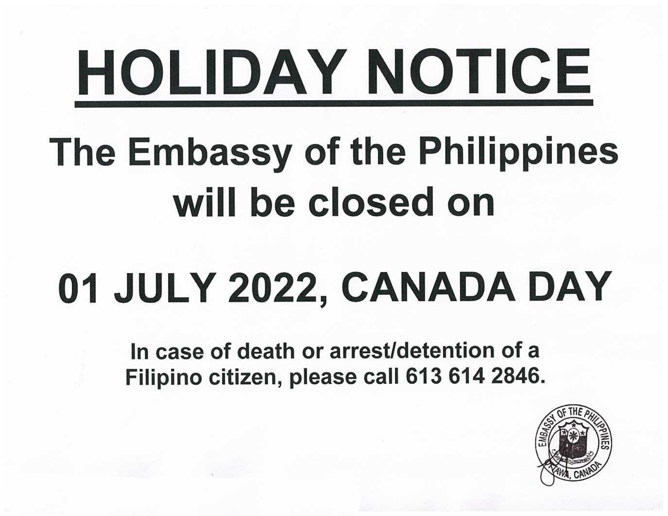 PR 117 2022 HOLIDAY NOTICE 1 July 2022 Canada Day