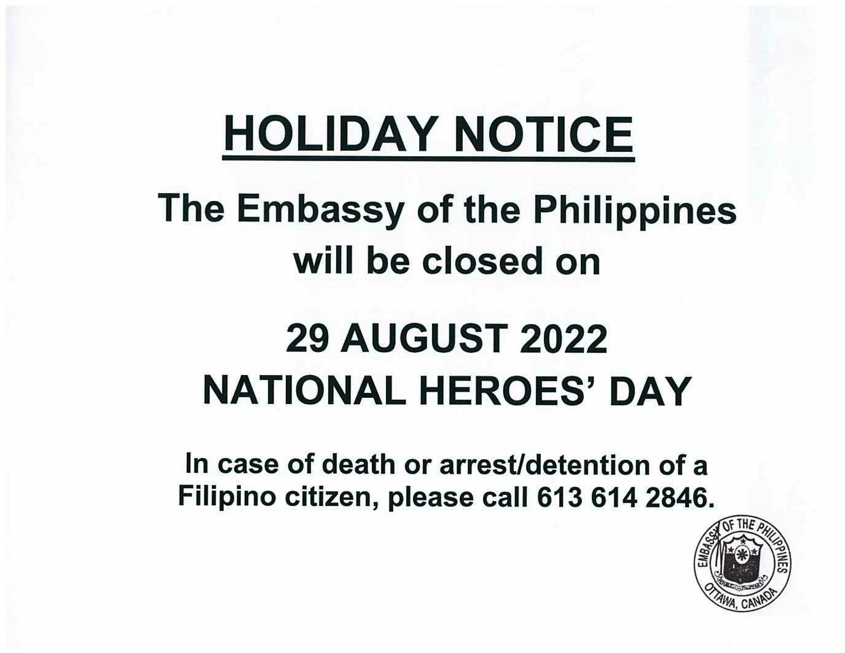 PR 130 2022 HOLIDAY NOTICE 29 August 2022 National Heroes Day