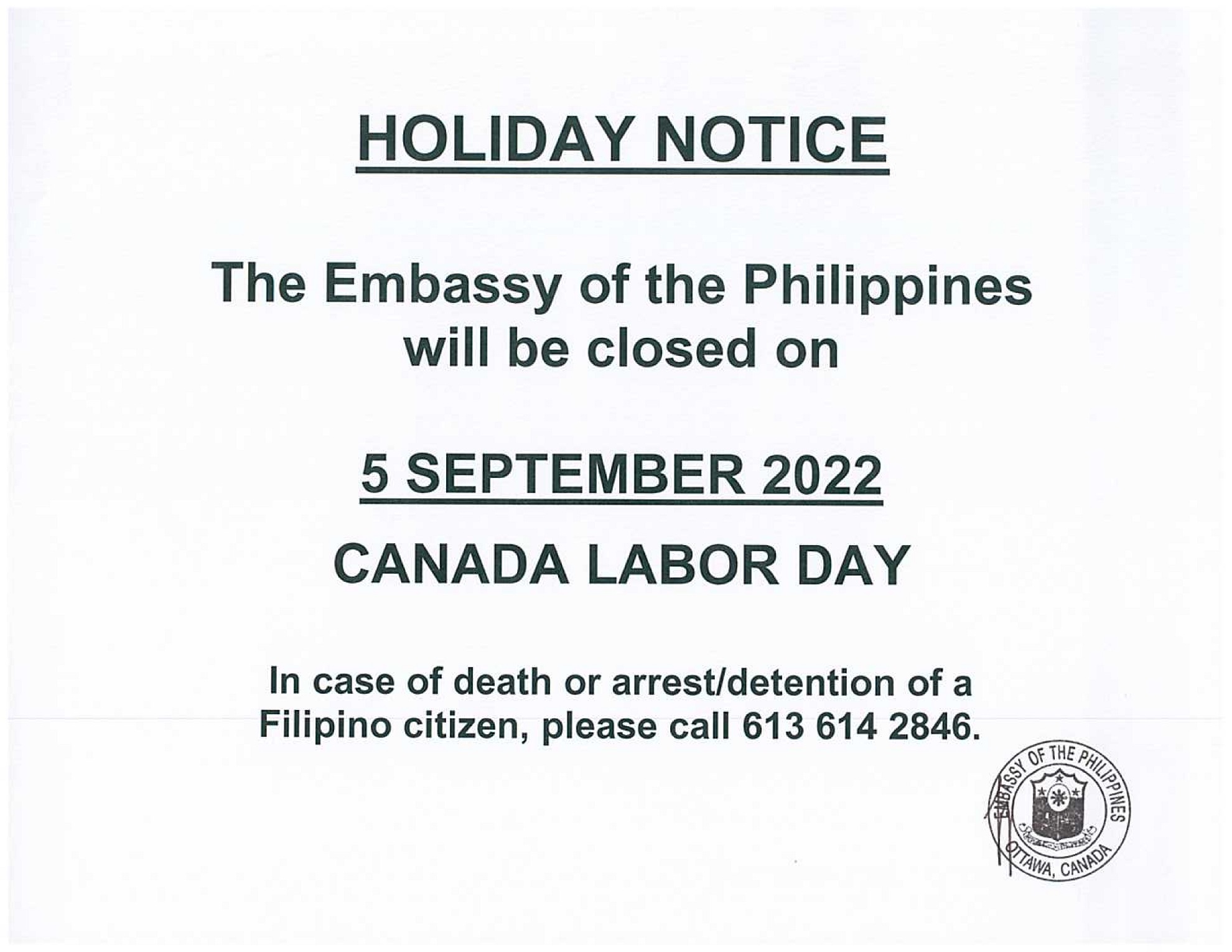 PR 161 2022 Holiday Notice 05 September 2022 Canada Labor Day