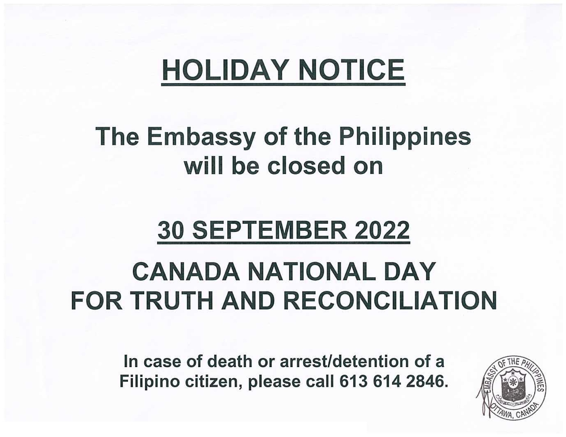 PR 174 2022 Holiday Notice 30 September 2022 Canada National Day for Truth and Reconciliation