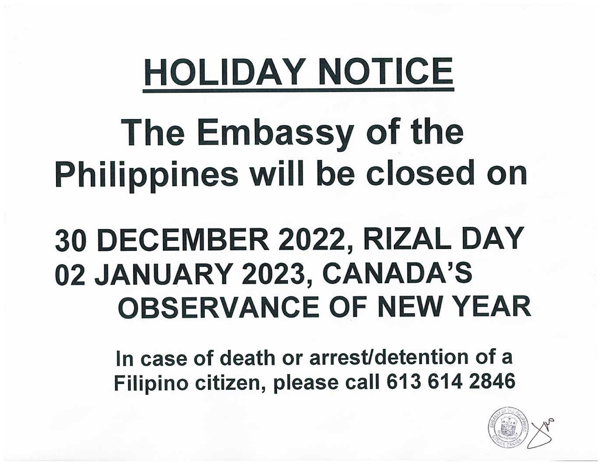 PR 248 2022 Holiday Notice 30 Dec 2022 Rizal Day 02Jan2023 Canada Observance of New Year