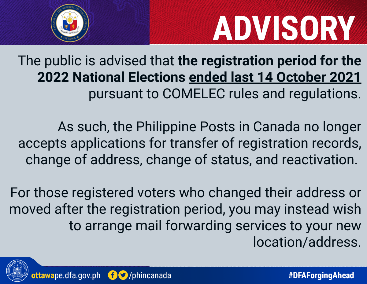 PR 28 2022 Advisory on the Registration period for the 2022 National Elections ended las 14 October 2021