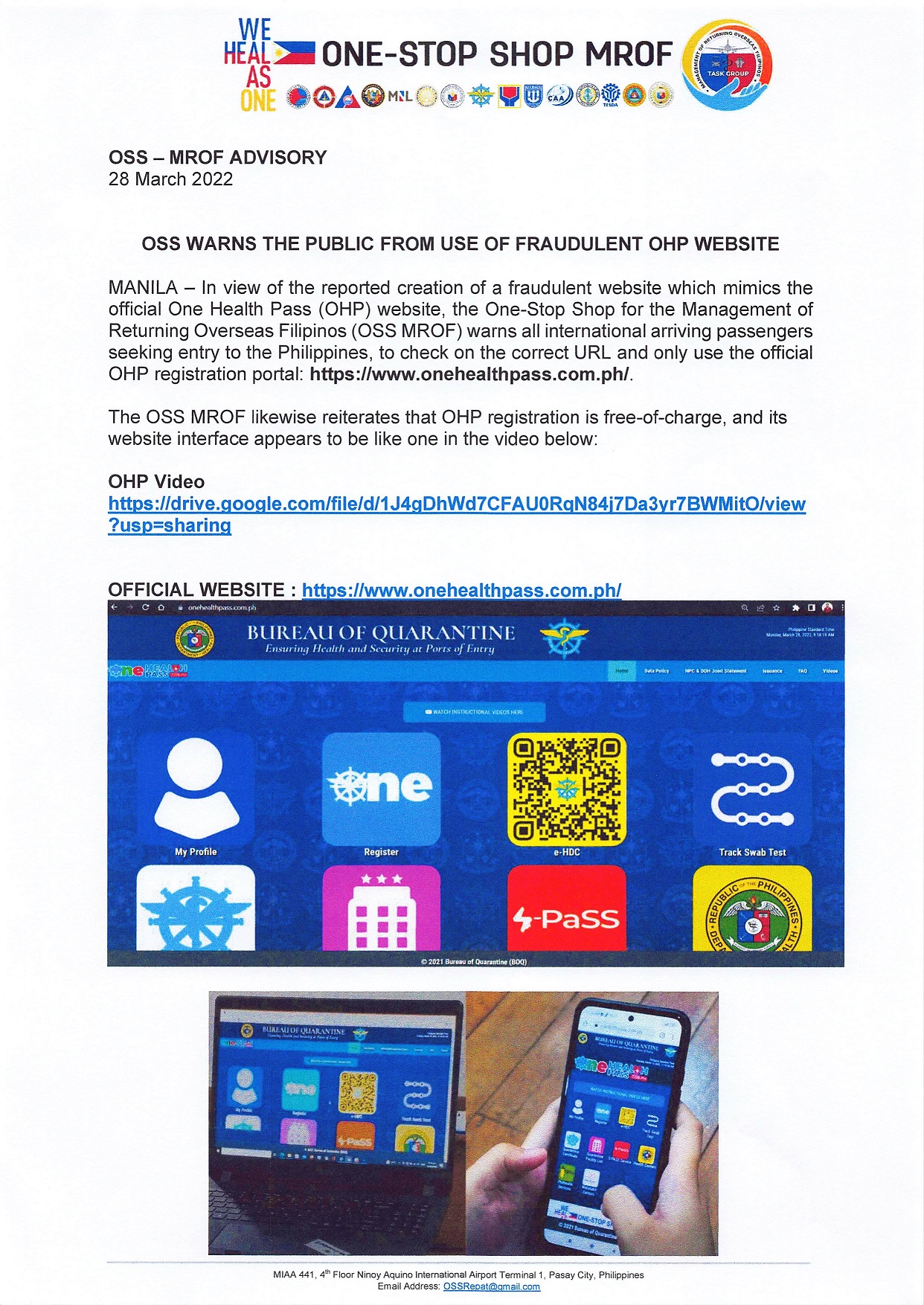 PR 33 2022 1 Advisory on Fraudulent One Health Pass Website