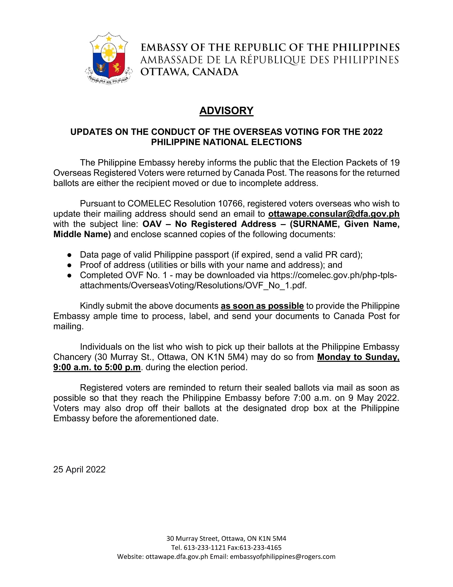 PR 59 2022 2022.4.25 ADVISORY Returned Election Packets001