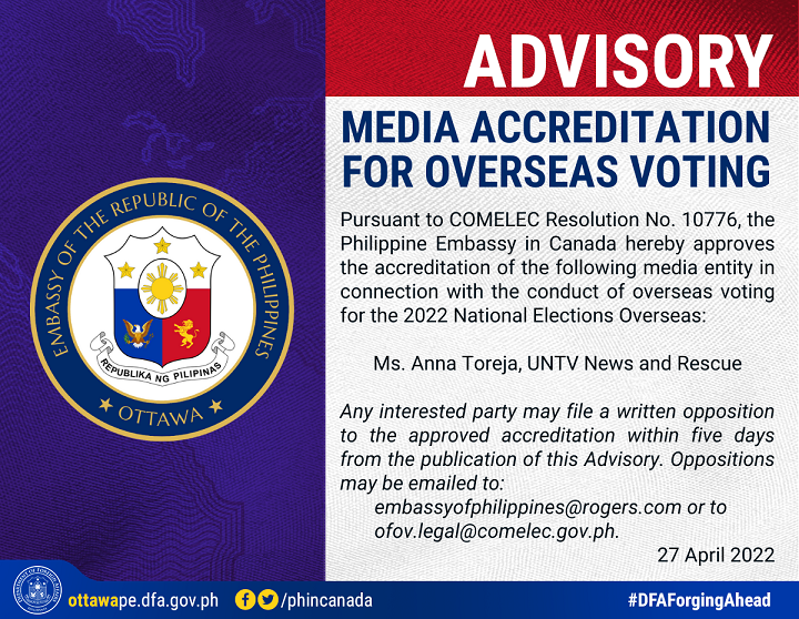 PR 63 22 rev ADVISORY MEDIA ACCREDITATION FOR OVERSEAS VOTING AnnaToreja UNTV