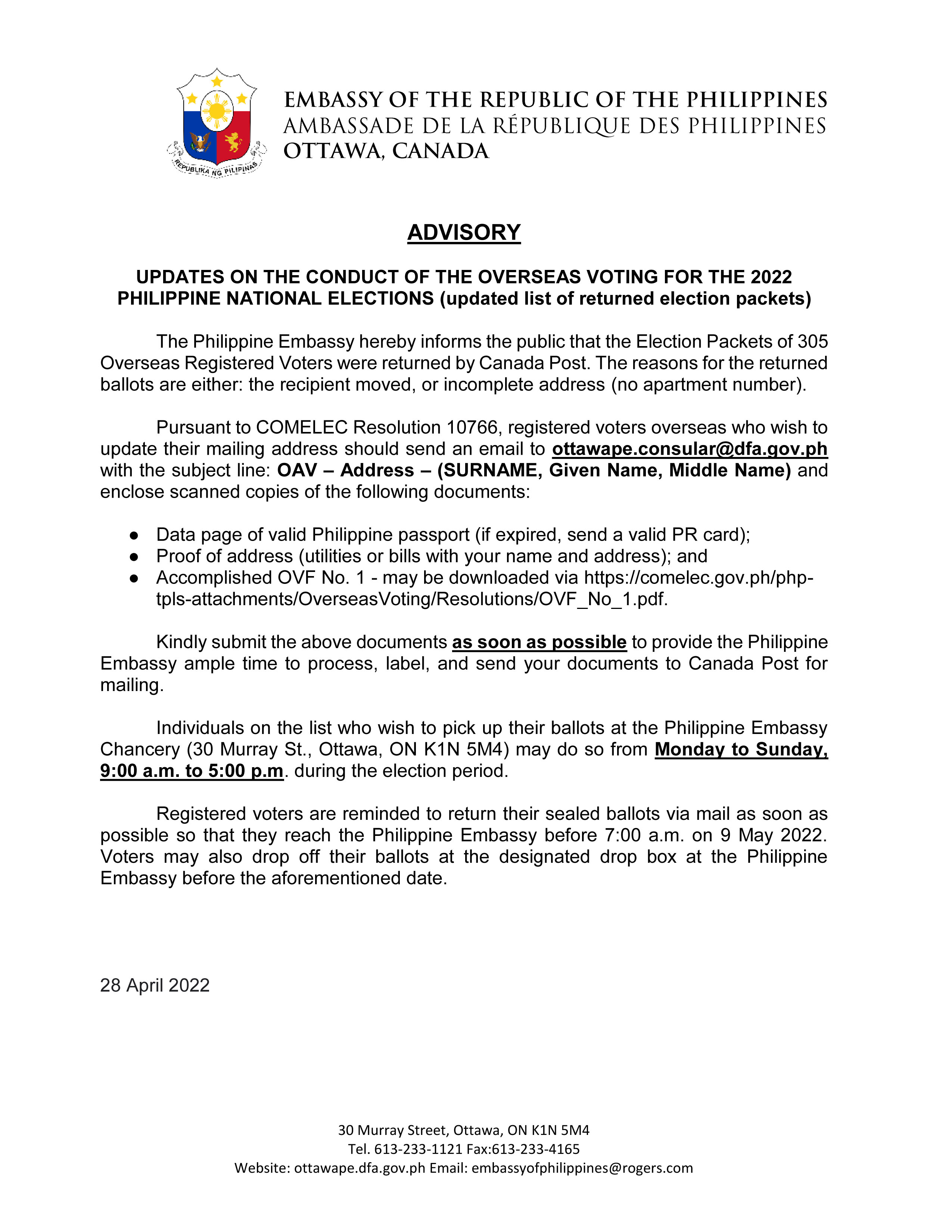 PR 65 2022 1 ADVISORY Returned Election Packets