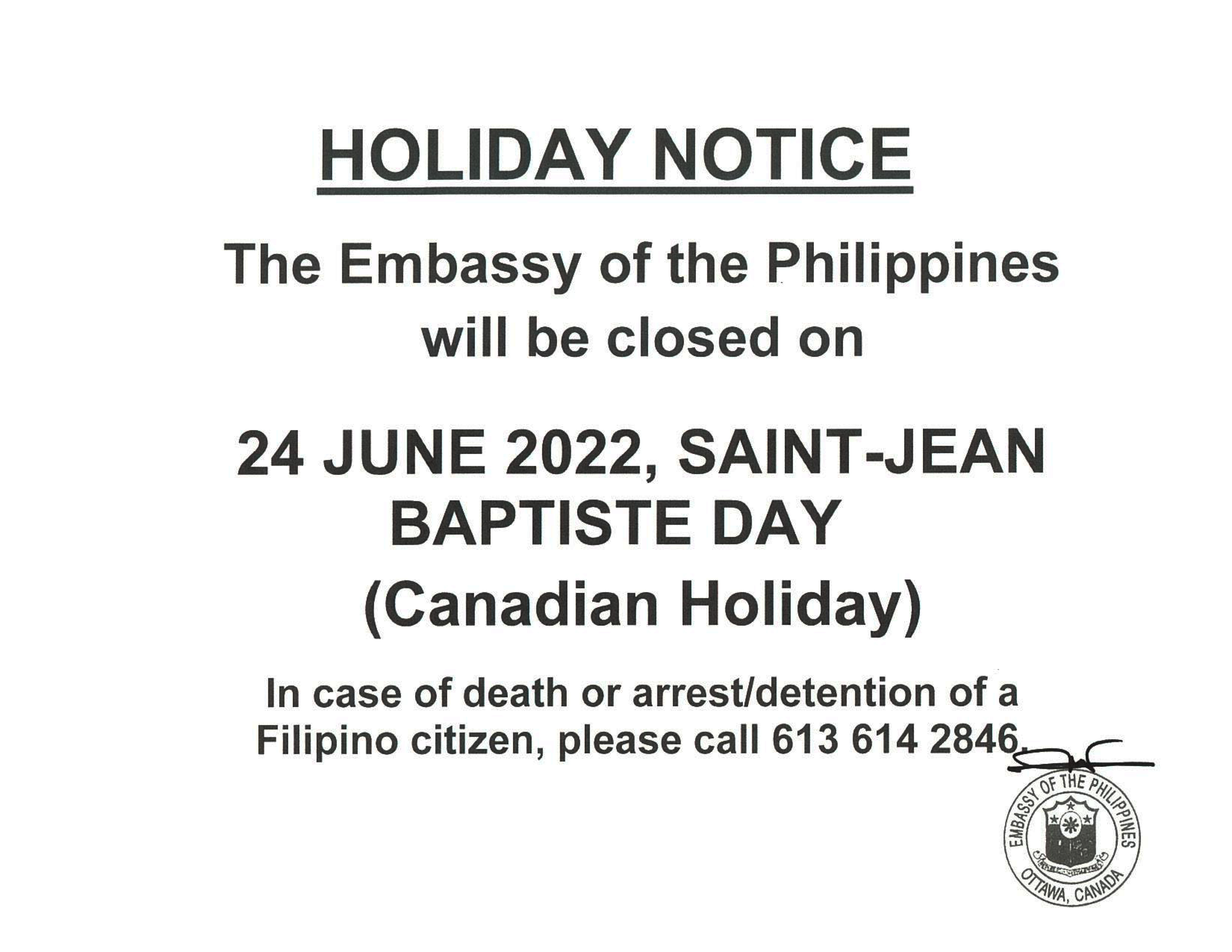 PR 96 2022 HOLIDAY NOTICE 24 June 2022 Saint Jean Baptiste Day