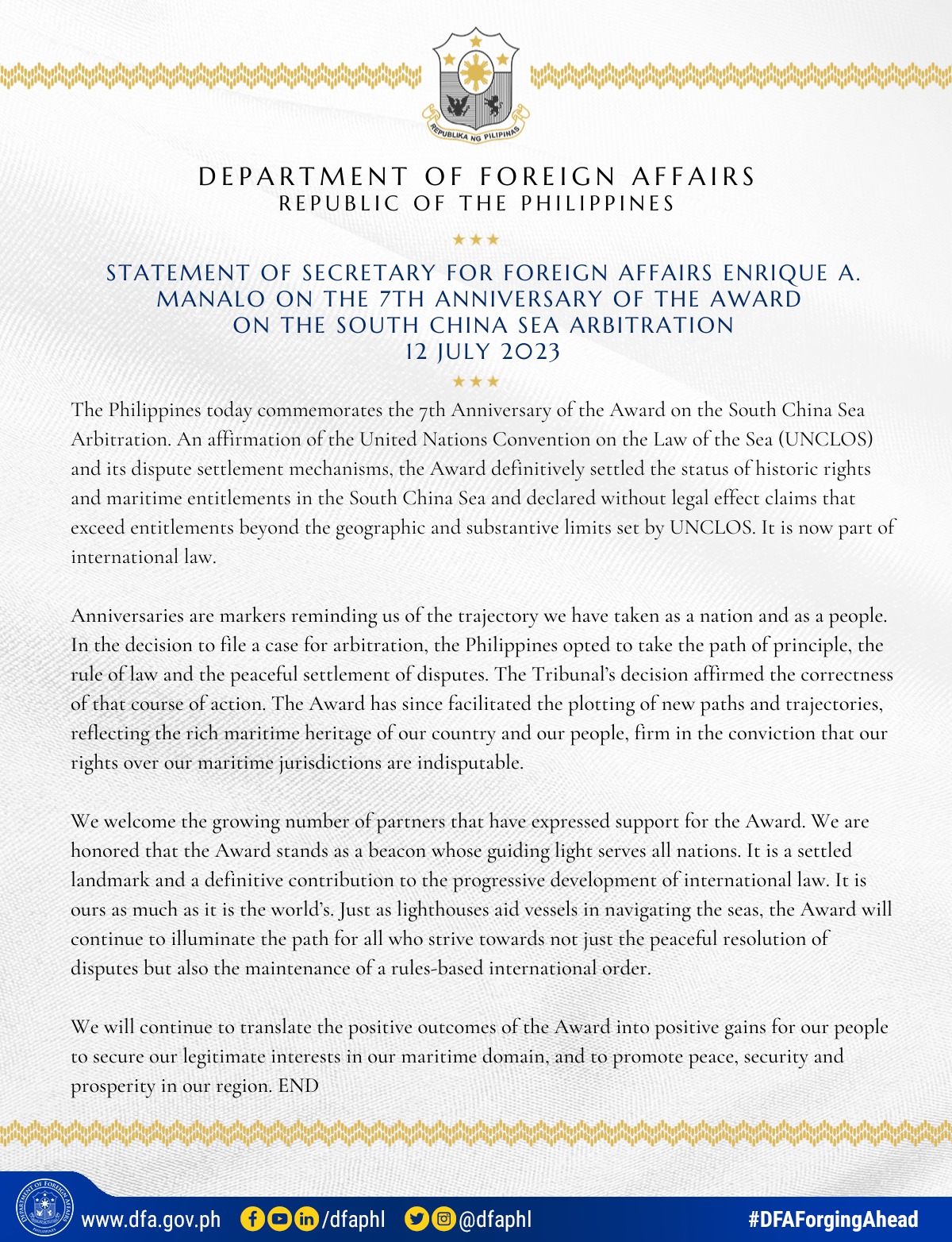 PR 101 2023 Statement of SFA Enrique A. Manalo on the 7th Anniversary of the Award on the South China Sea Arbitration