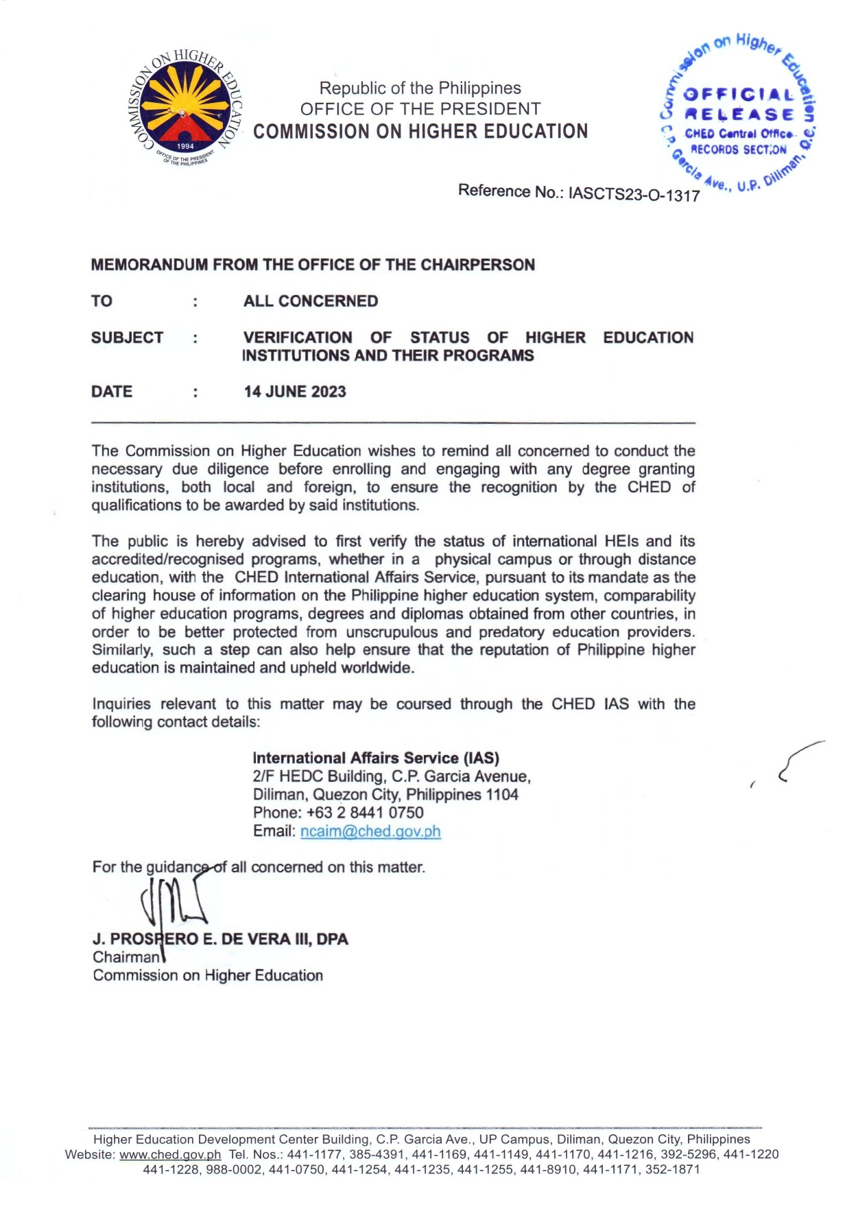 PR 103 2023 Advisory Verification of Status of Higher Education Institutions and Their Programs