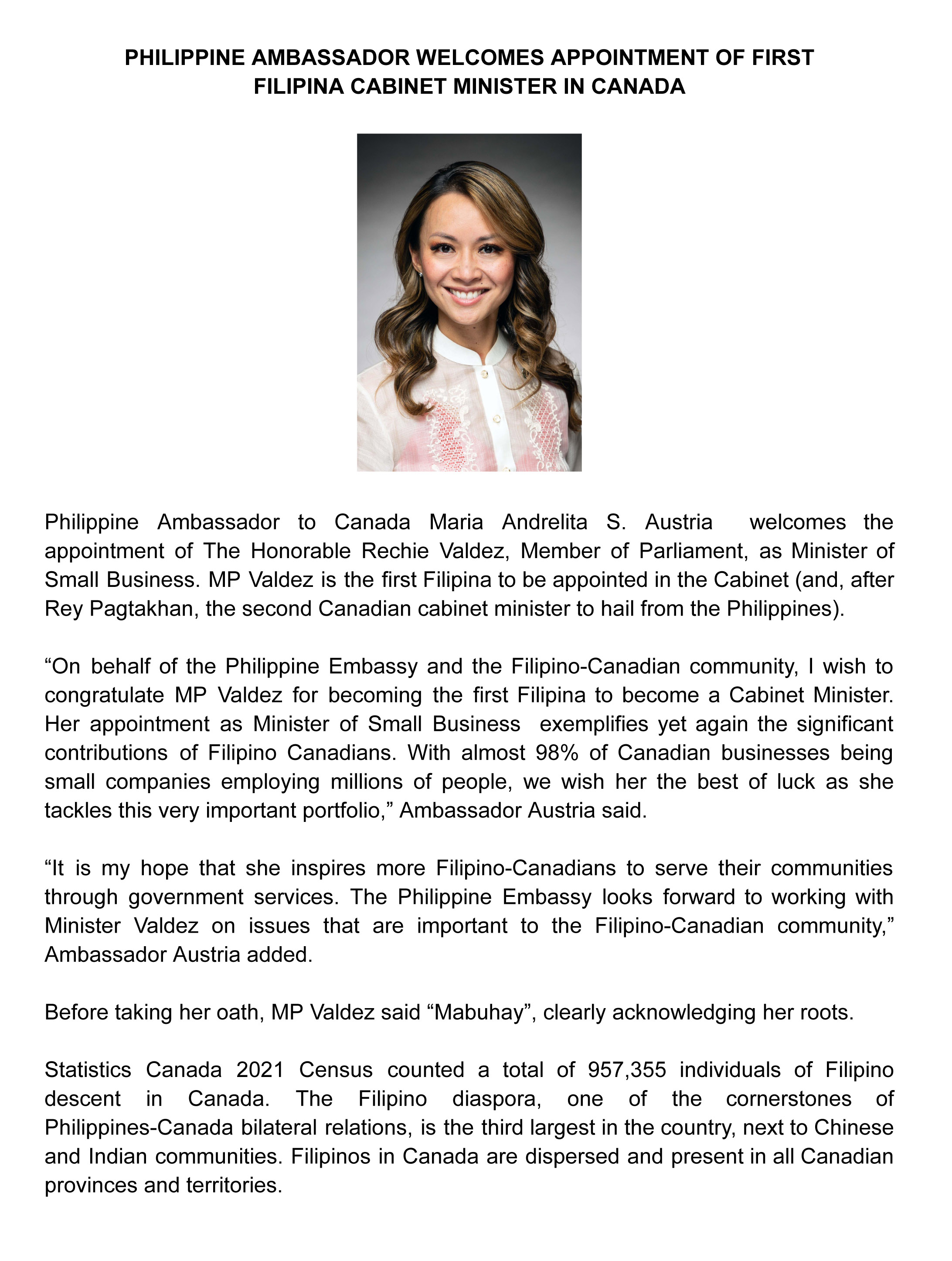 PR 109 2023 PH Ambassador Welcomes Appointment of First Filipina Cabinet Ministers in Canada 1