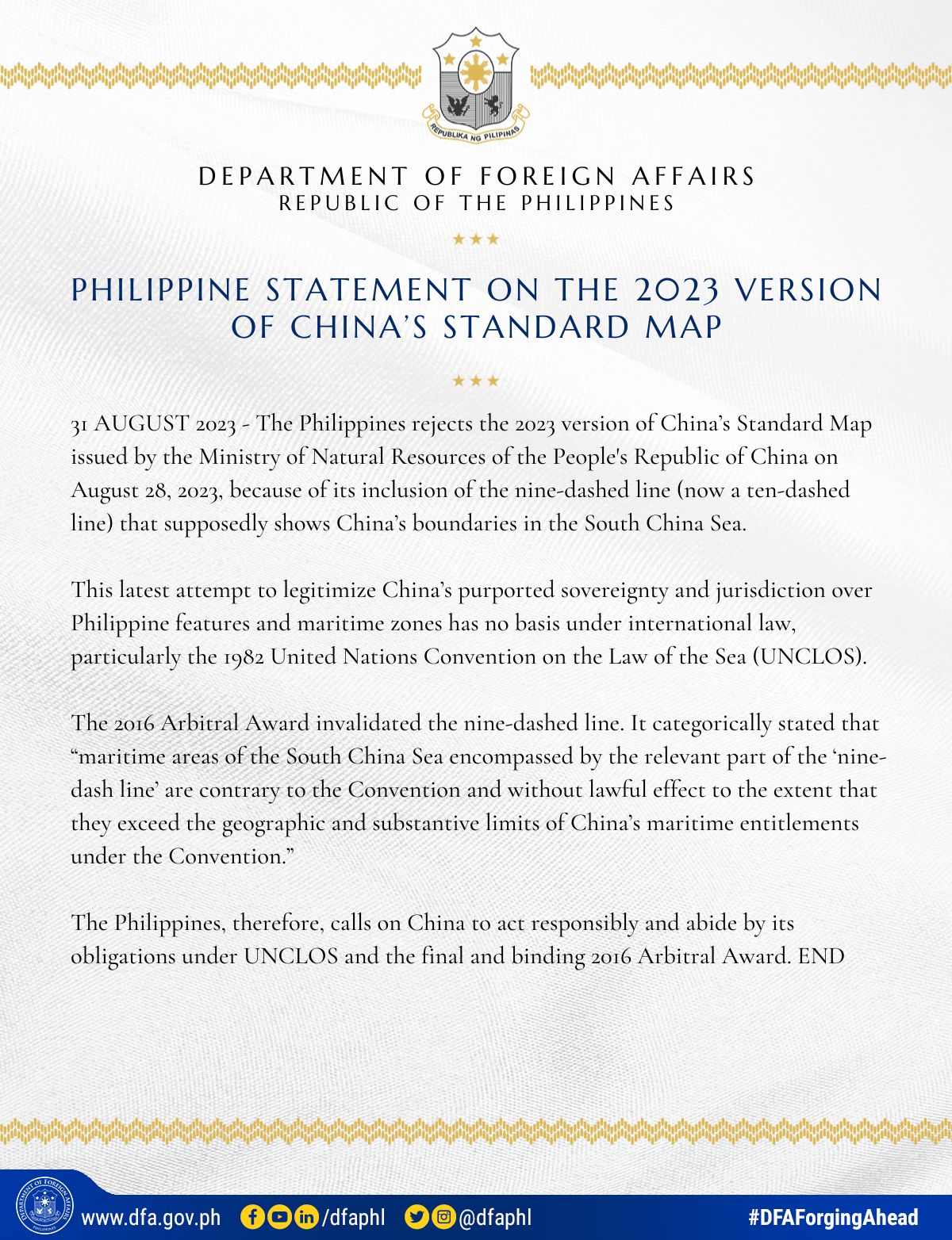PR 145 2023 Philippine Statement on the 2023 Version of Chinas Standard Map