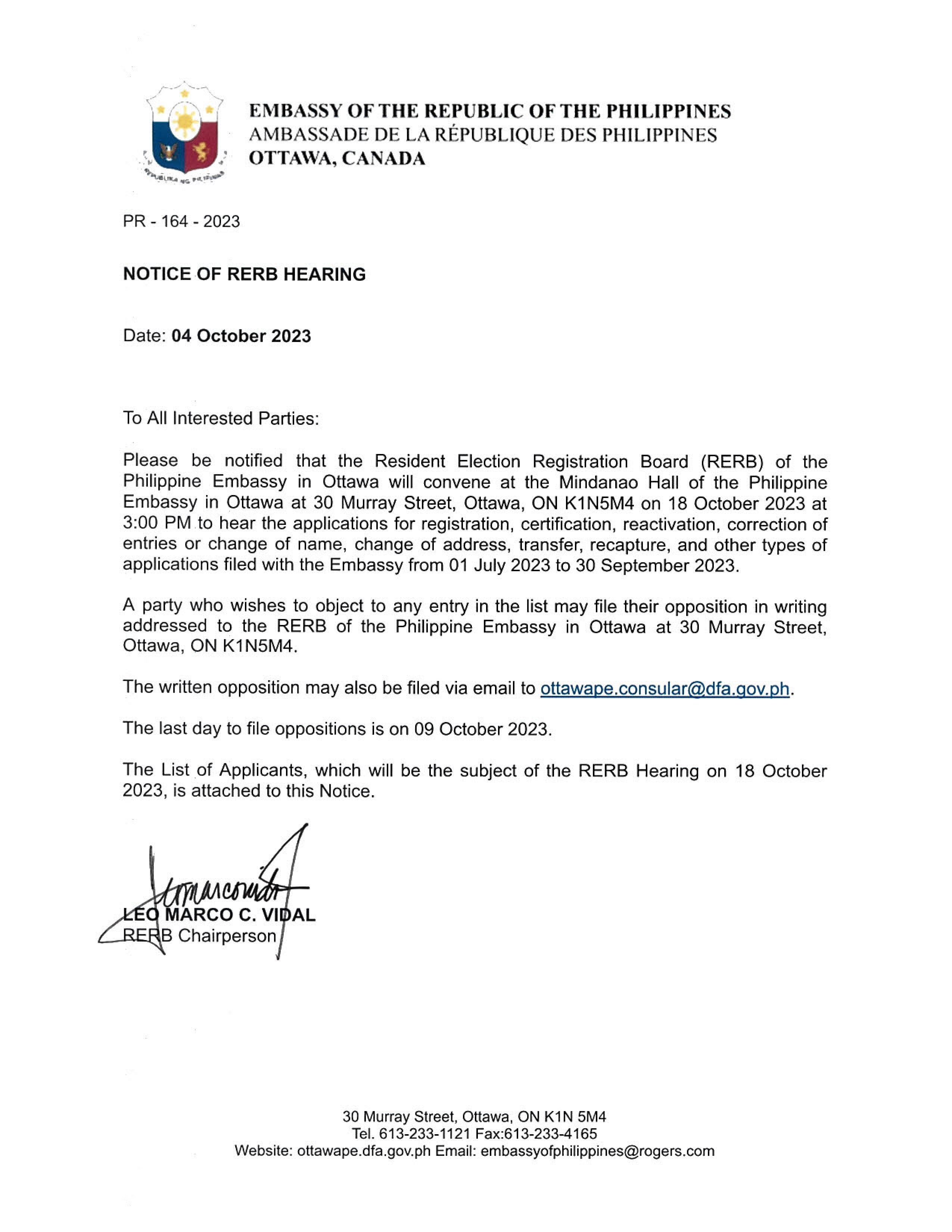 PR 164 2023 Notice of Resident Election Registration Board RERB Hearing 18 October 2023 01