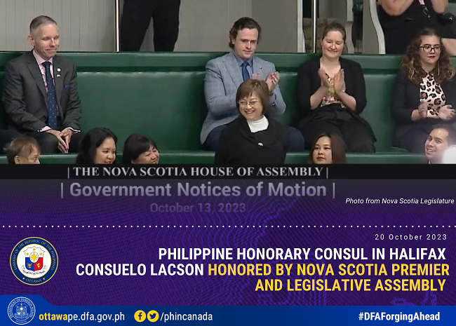 PR 181 2023 PH HonCon Halifax Consuelo Lacson Honored by Nova Scotia Premier and Legislative Assembly