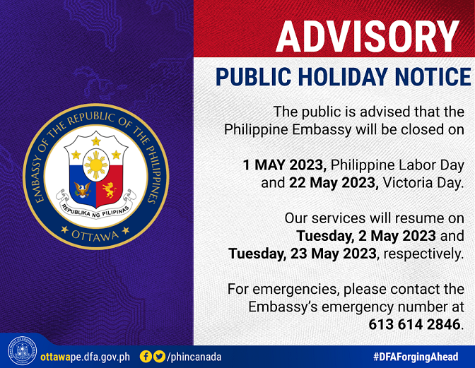 PR 42 2023 Holiday Notice 1May2023 Labor Day 22May2023 Victoria Day