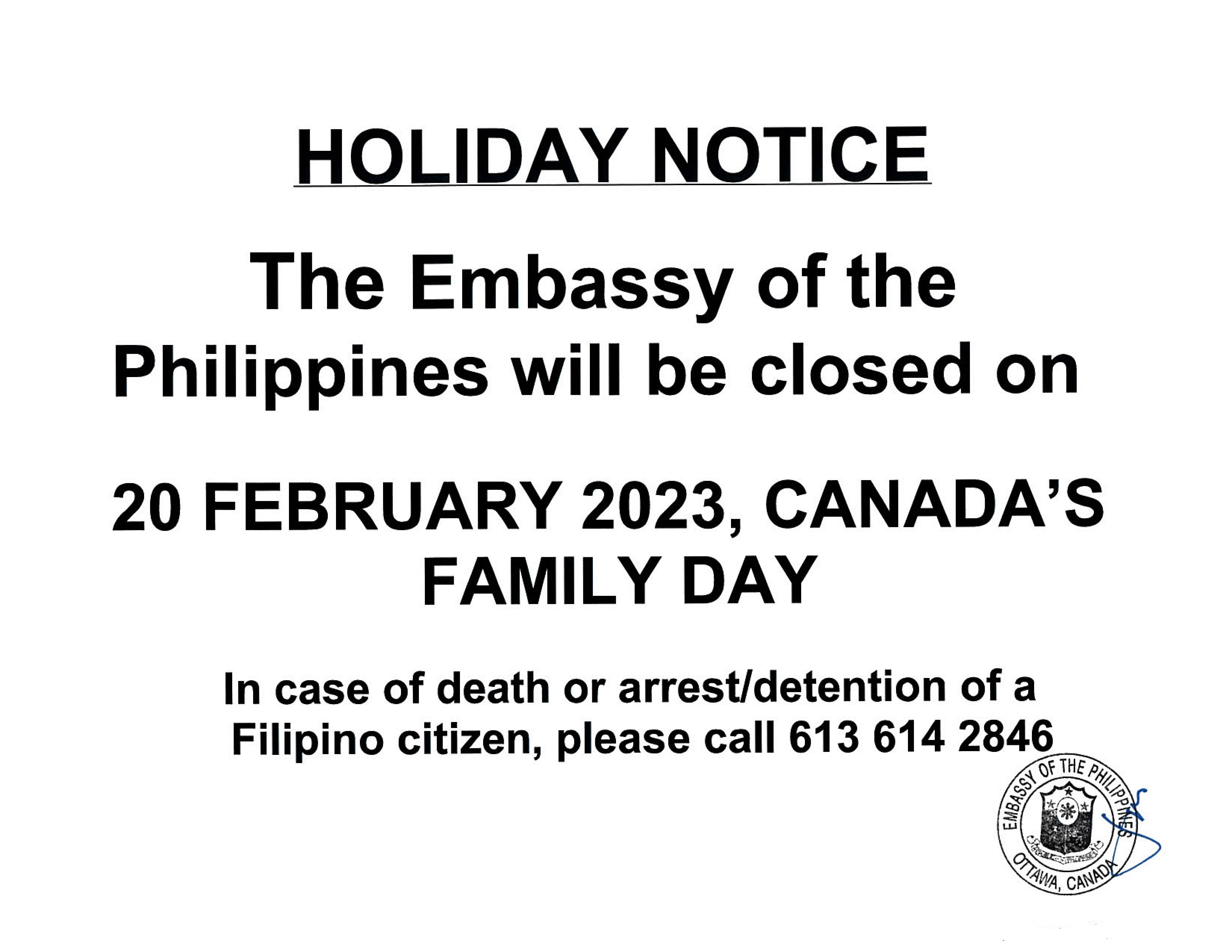 PR 9 2023 Holiday Notice 20 February 2023 Canada Family Day