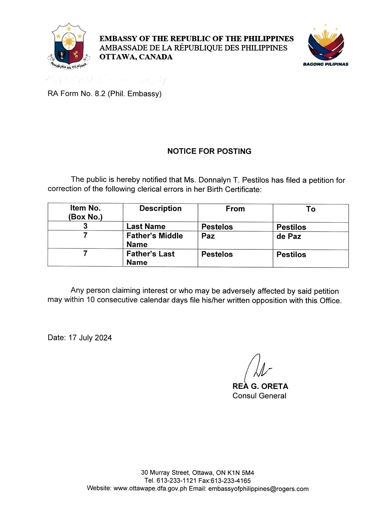 Advisory No. 10 2024 Notice for Posting Petition for Correction of Clerical Errors in the Birth Certificate of Donnalyn T. Pestilos 001