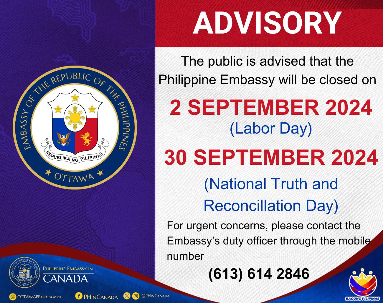 Advisory No. 14 2024 Public Holiday Notice for 02 and 30 September 2024