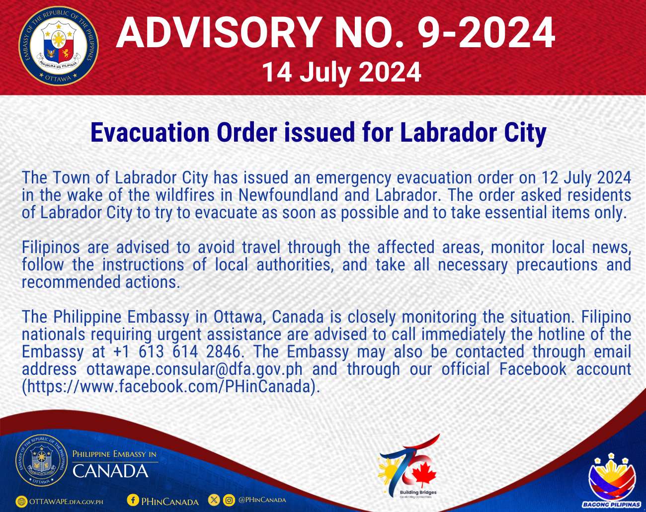 Advisory No. 9 2024 Evacuation Order issued for labrador City
