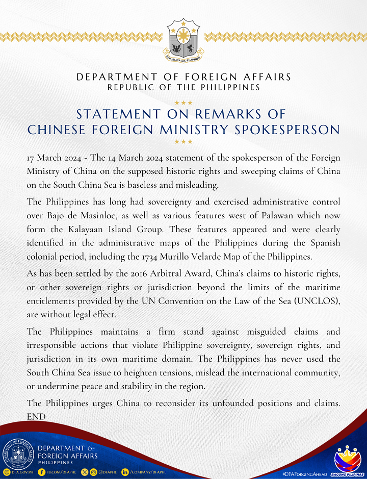 PR 42 2024 DFA Statement on CN FM Spokesperson Remarks