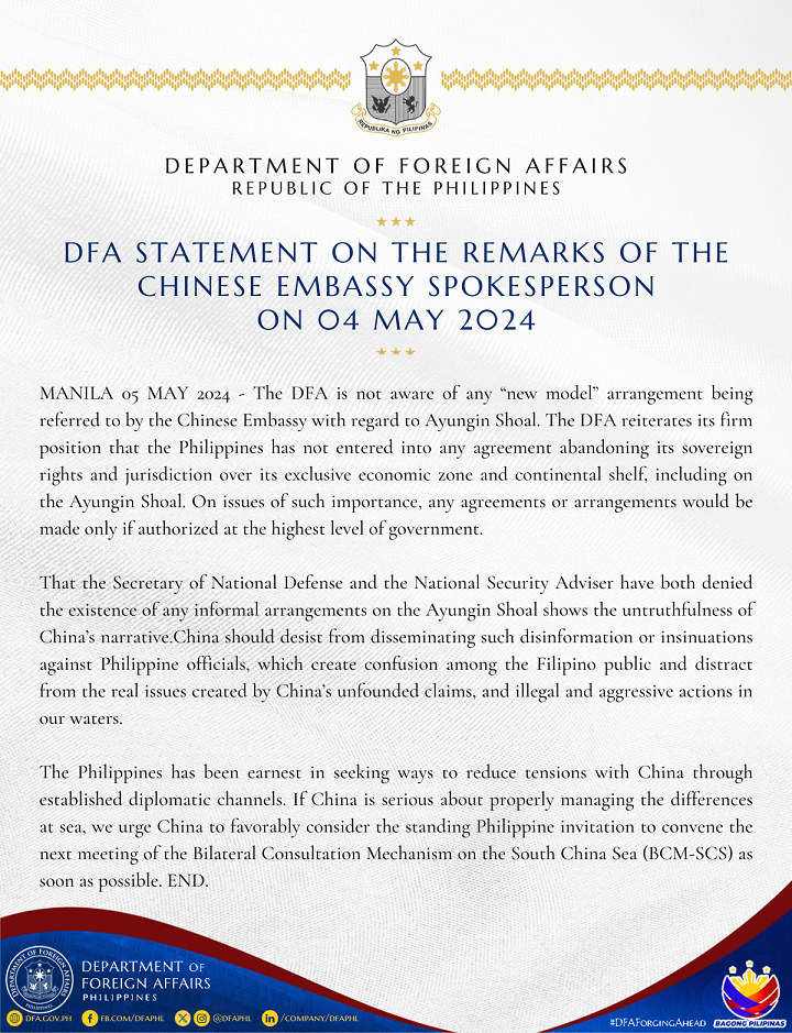 PR 55 2024 DFA Statement on the Remarks of the Chinese Embassy Spokesperson on 04 May 2024