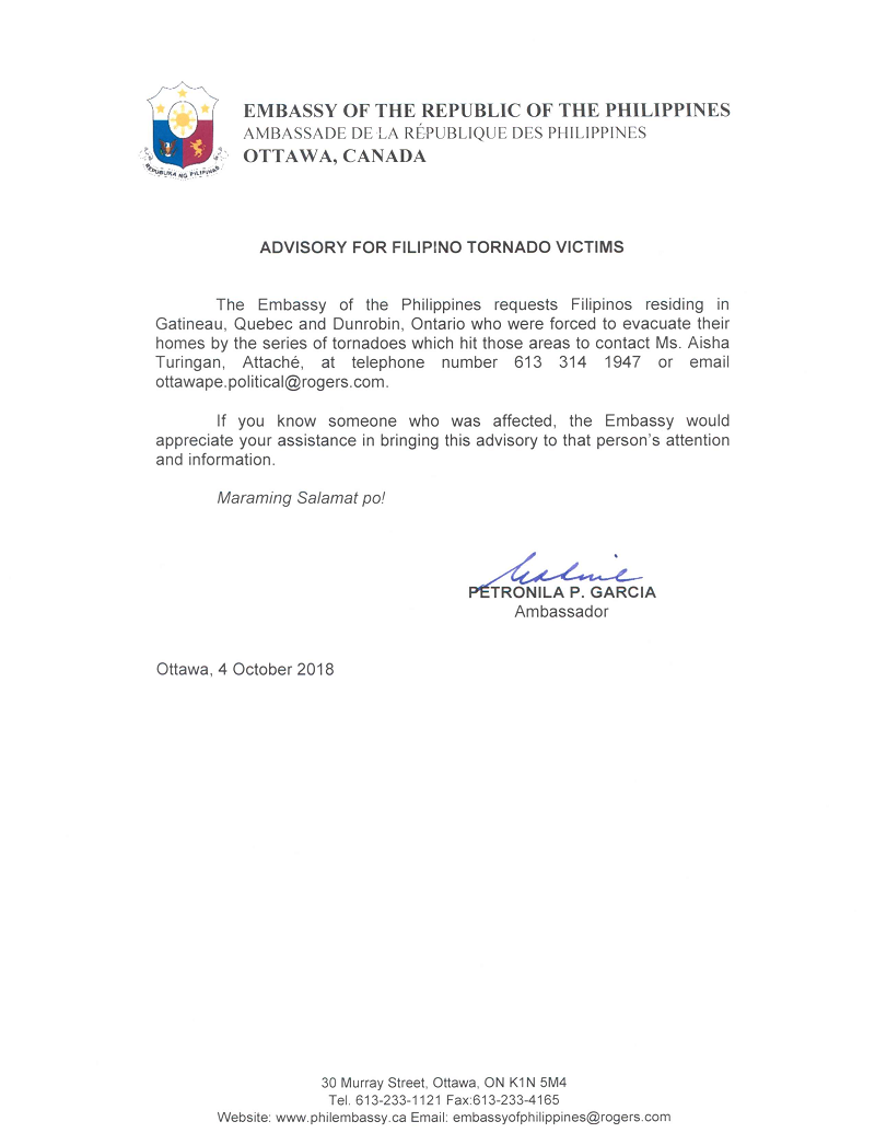 Advisory for Filipino Tornado Victims 001