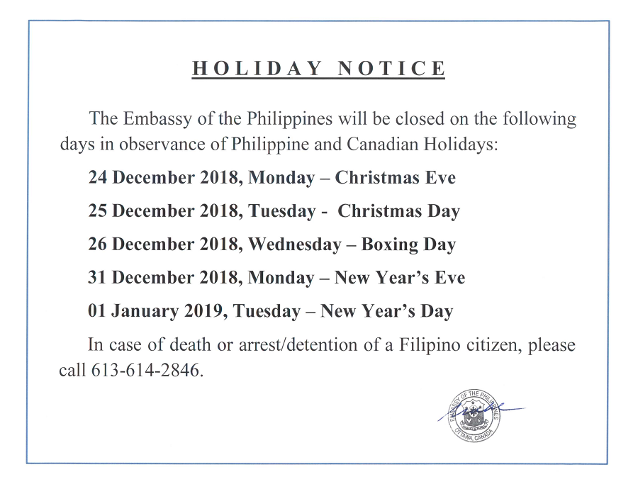 December 2018 Holiday Notice